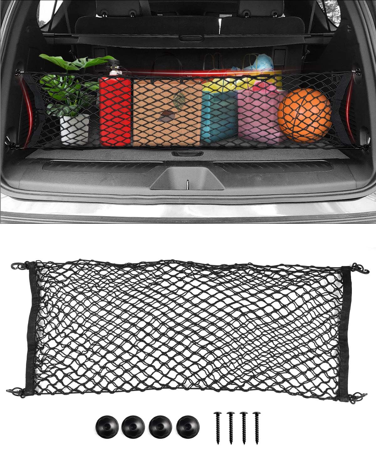 Karltys Envelope Style Cargo Net For 2015-2025 Chevy Tahoe/Suburban/Gmc Yukon Accessories, Adjustable Elastic Rear Trunk Cargo N