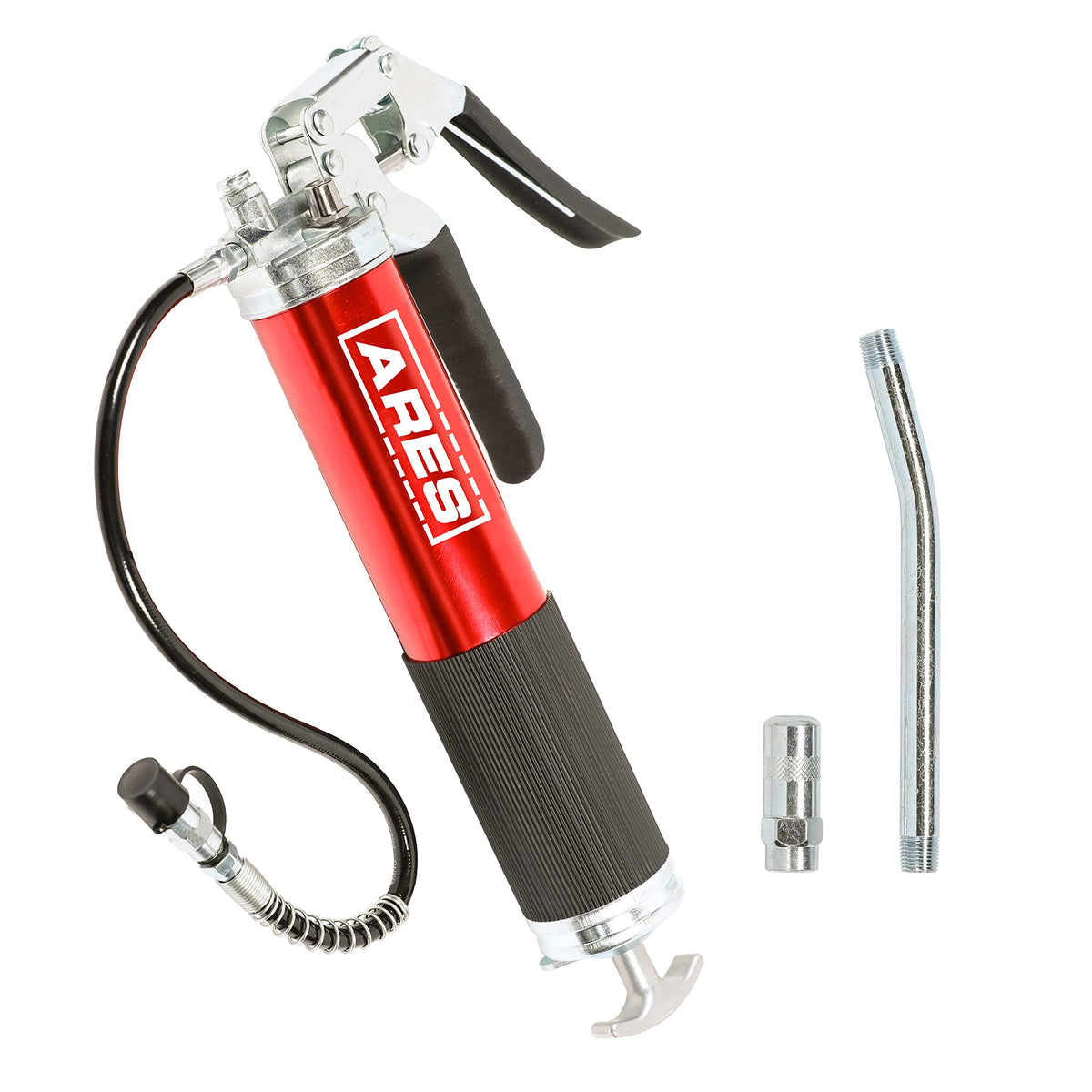 Ares 53015 - Professional Pistol Grip Grease Gun - Includes 18-Inch Flex Hose With Spring Guard And 6-Inch Offset Extension - 45
