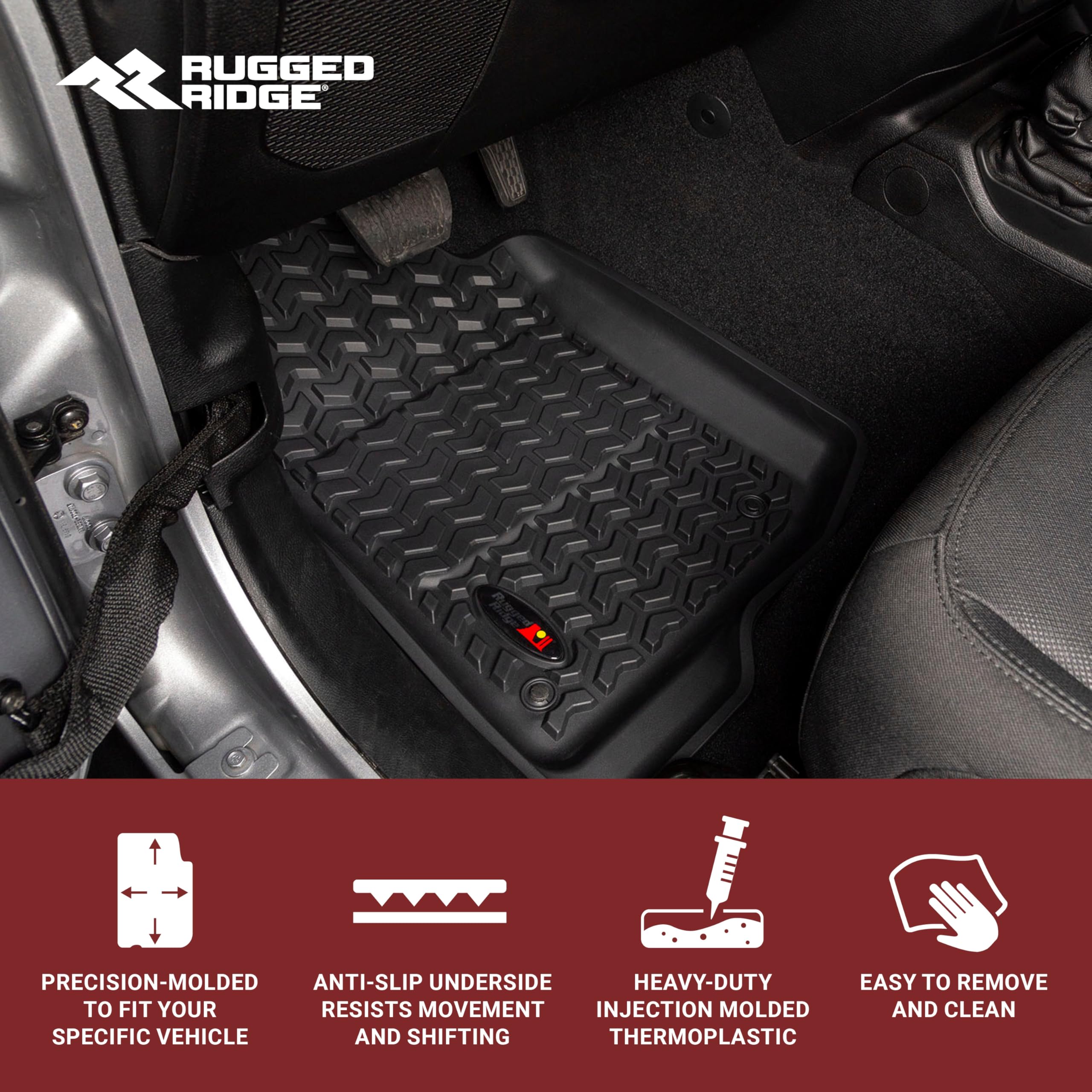 Rugged Ridge Floor Liner Set For Jeep Wrangler Jl | Front & Rear, 4-Piece Set, All-Terrain, Black | 12987.43 | Fits 2018-2024 Jeep Wrangler Jl 2-Door