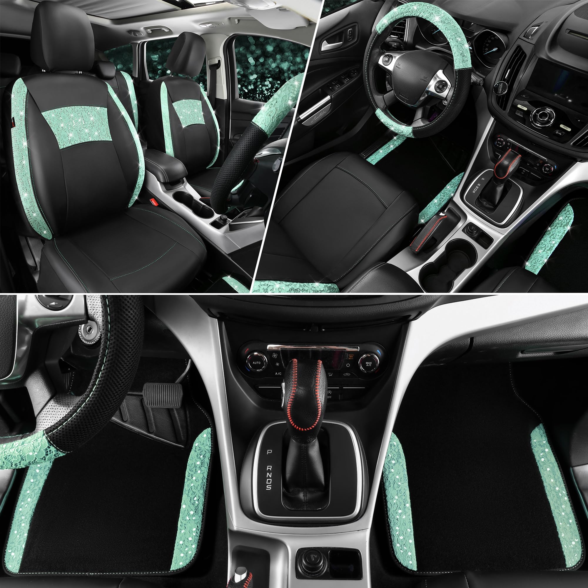 Car Pass Universal Mint Leather Lace Car Seat Covers Full Set For Women Girls, Waterproof Car Floor Mats Carpet, Glitter Steerin