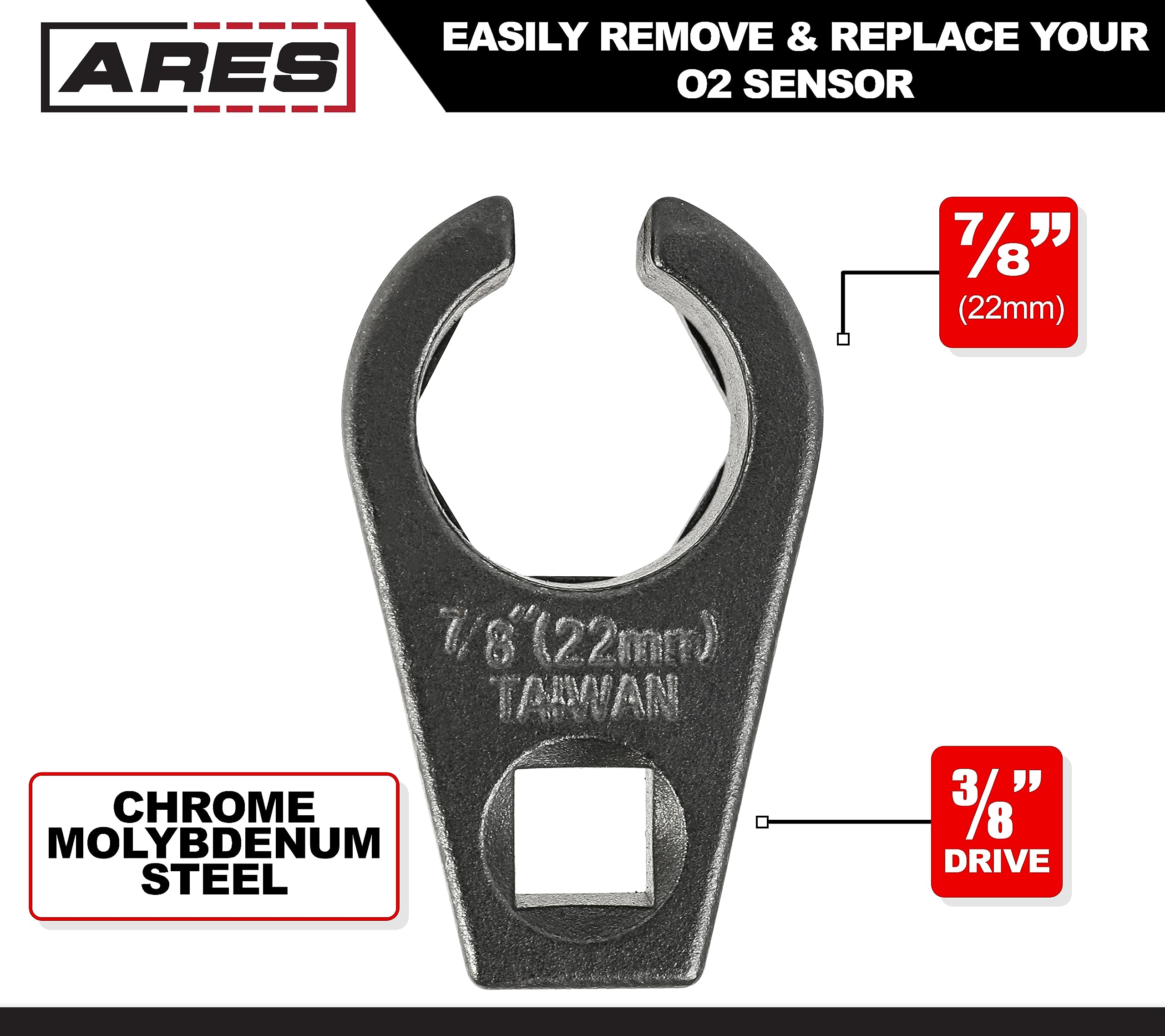 Ares 70039-3/8-Inch Drive By 7/8-Inch (22Mm) Offset Oxygen Sensor Socket - Wire Gate Accesses Sensor From Side, Preventing Damage To Wires