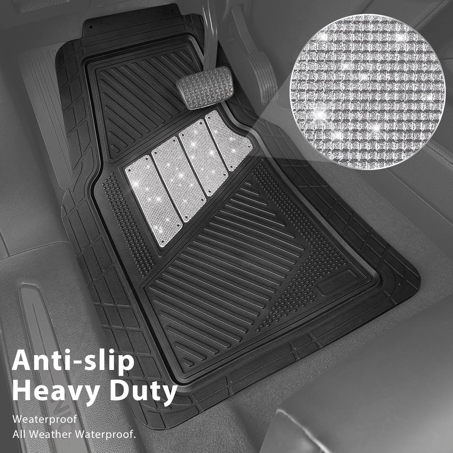 CAR PASS Heavy Duty Rubber Floor Mats 4-Piece Bling Car Mats Full Set - Universal Waterproof Floor Mats for Car SUV Truck, Durab