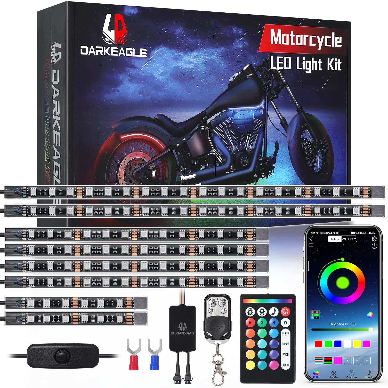 Ld Darkeagle 8Pcs Motorcycle Rgb Led Light Kits With App/Rf Remote, Dual Zone Motorcycle Strip Lights With Brake Turn Signal, 12