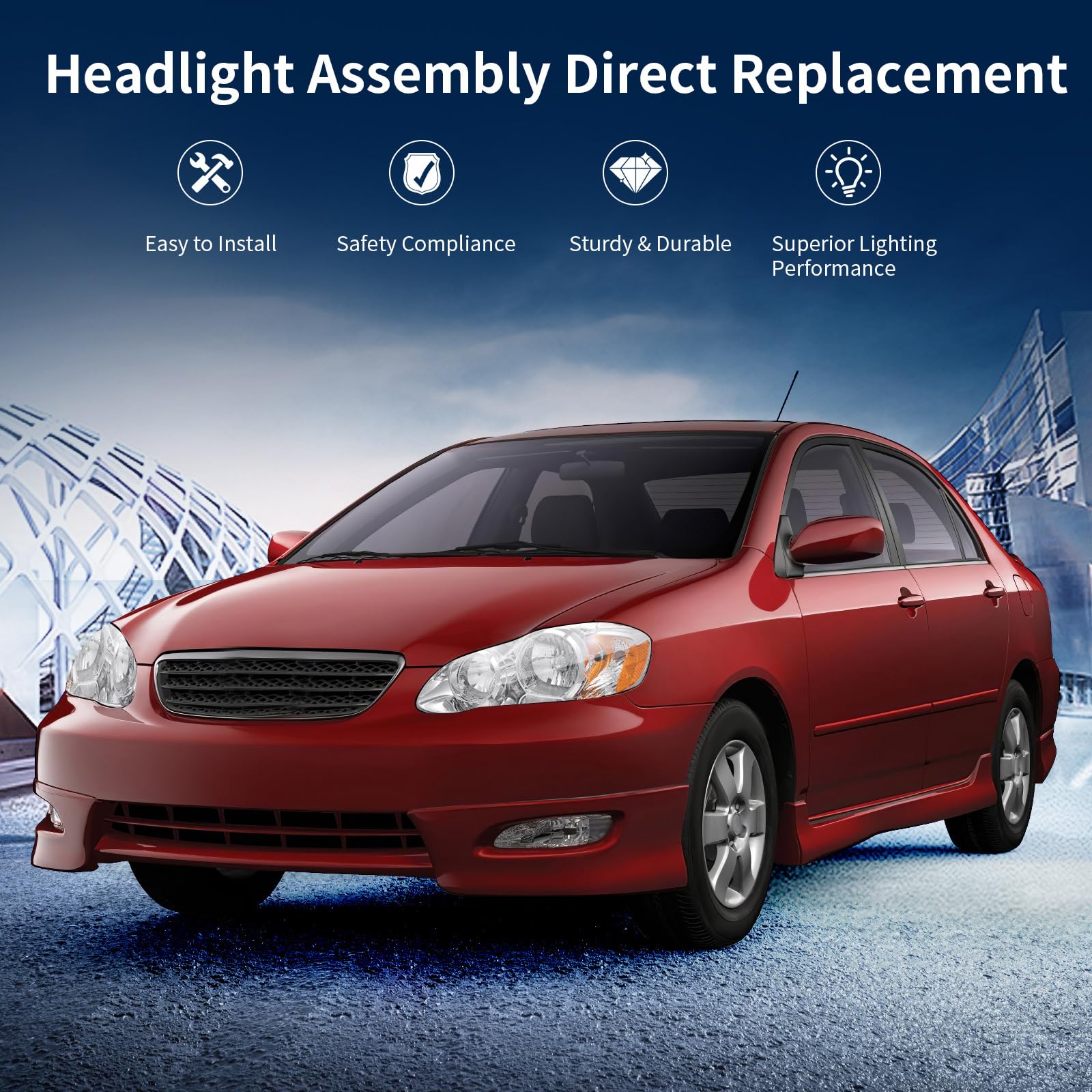 Autosaver88 Headlight Assembly Compatible With 2003-2008 Corolla Headlamp Pair Replacement Chrome Housing Amber Reflector Clear