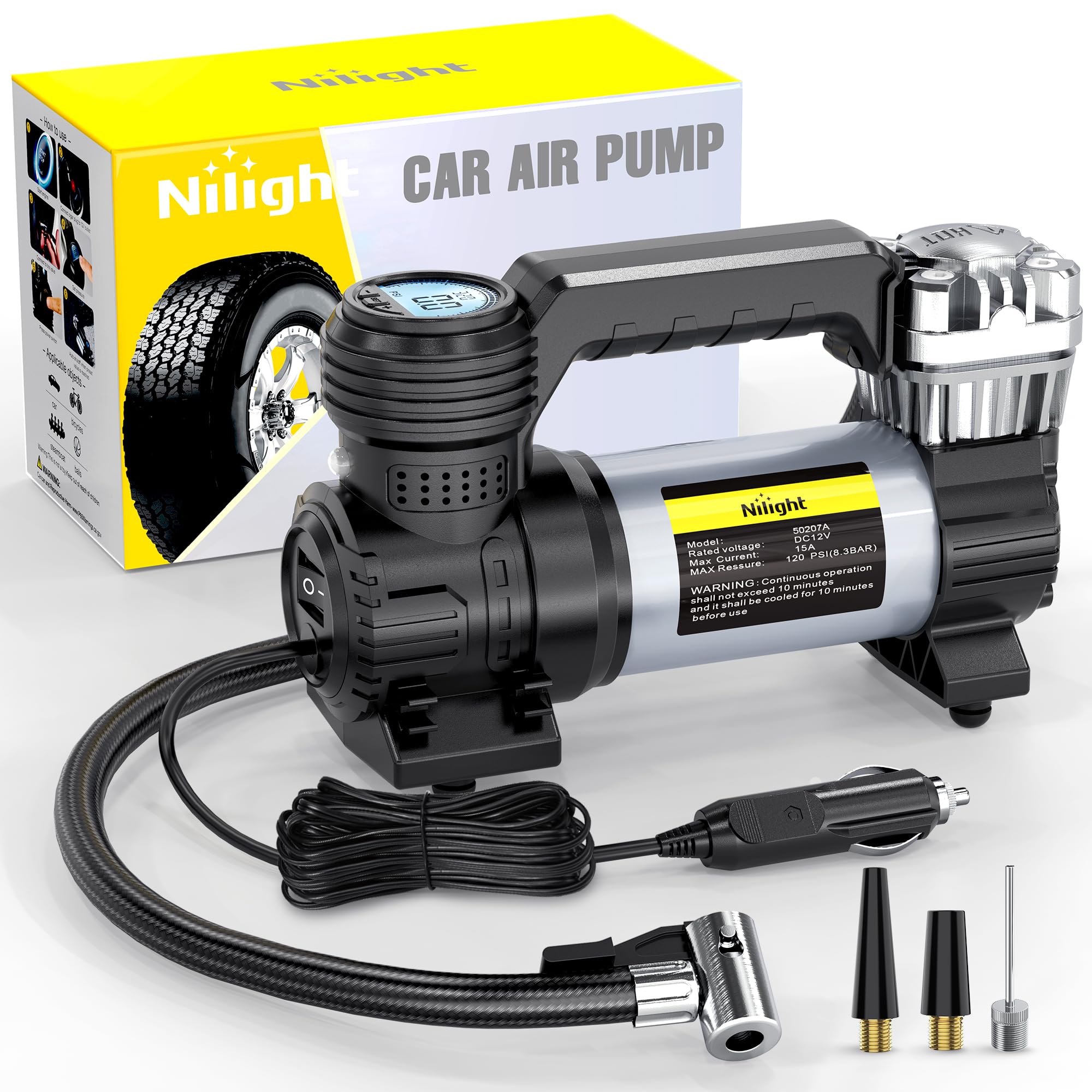 Nilight Portable Air Compressor Tire Inflator 12V Heavy Duty 120Psi Metal Pump Double Cylinder Digital Pressure Fast Inflate Aut