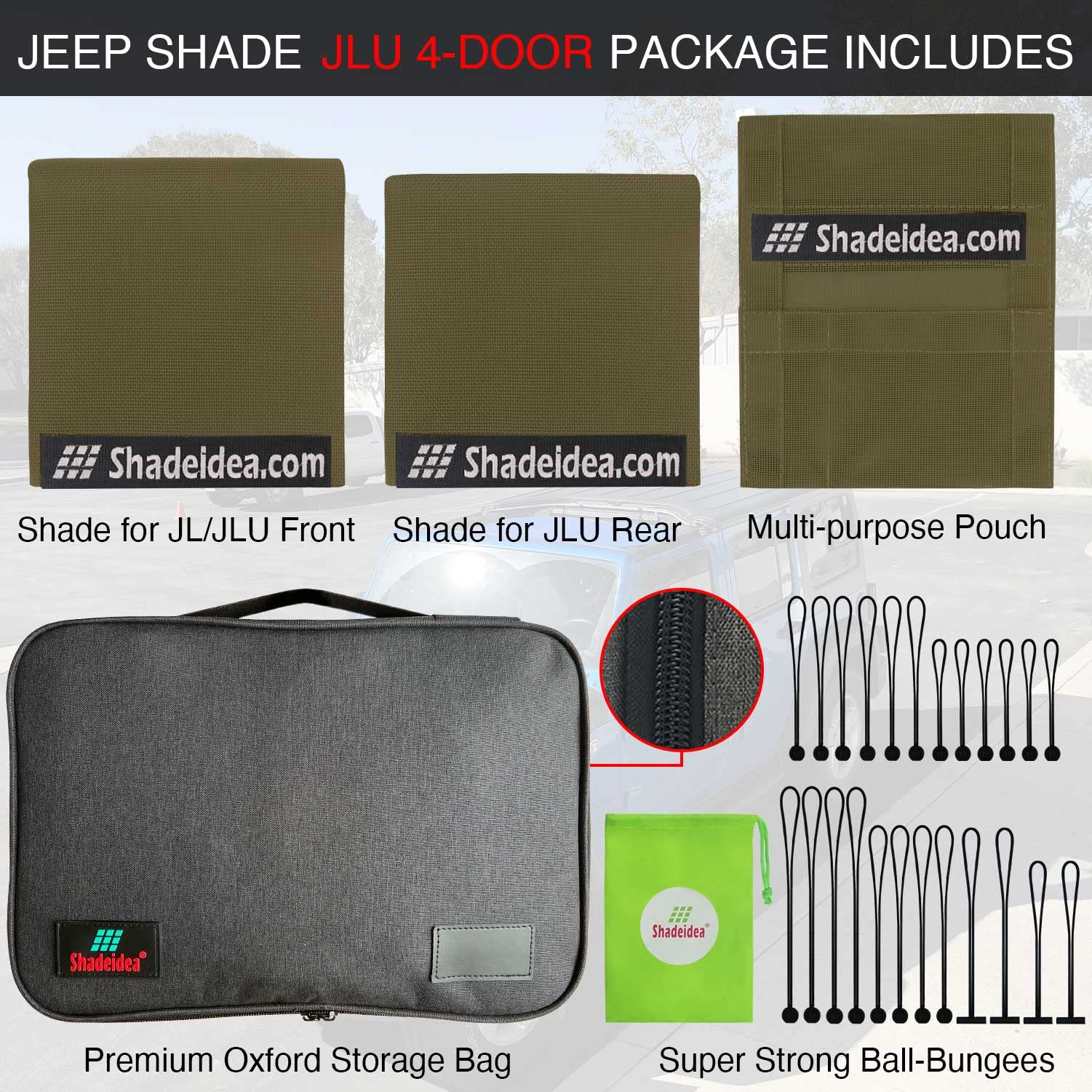 Shadeidea Sun Shade Top For Jeep Wrangler, Jl (2018-2023) 4 Door Top Sunshade, Front & Rear - Tank Green Jlu Mesh Screen Cover,