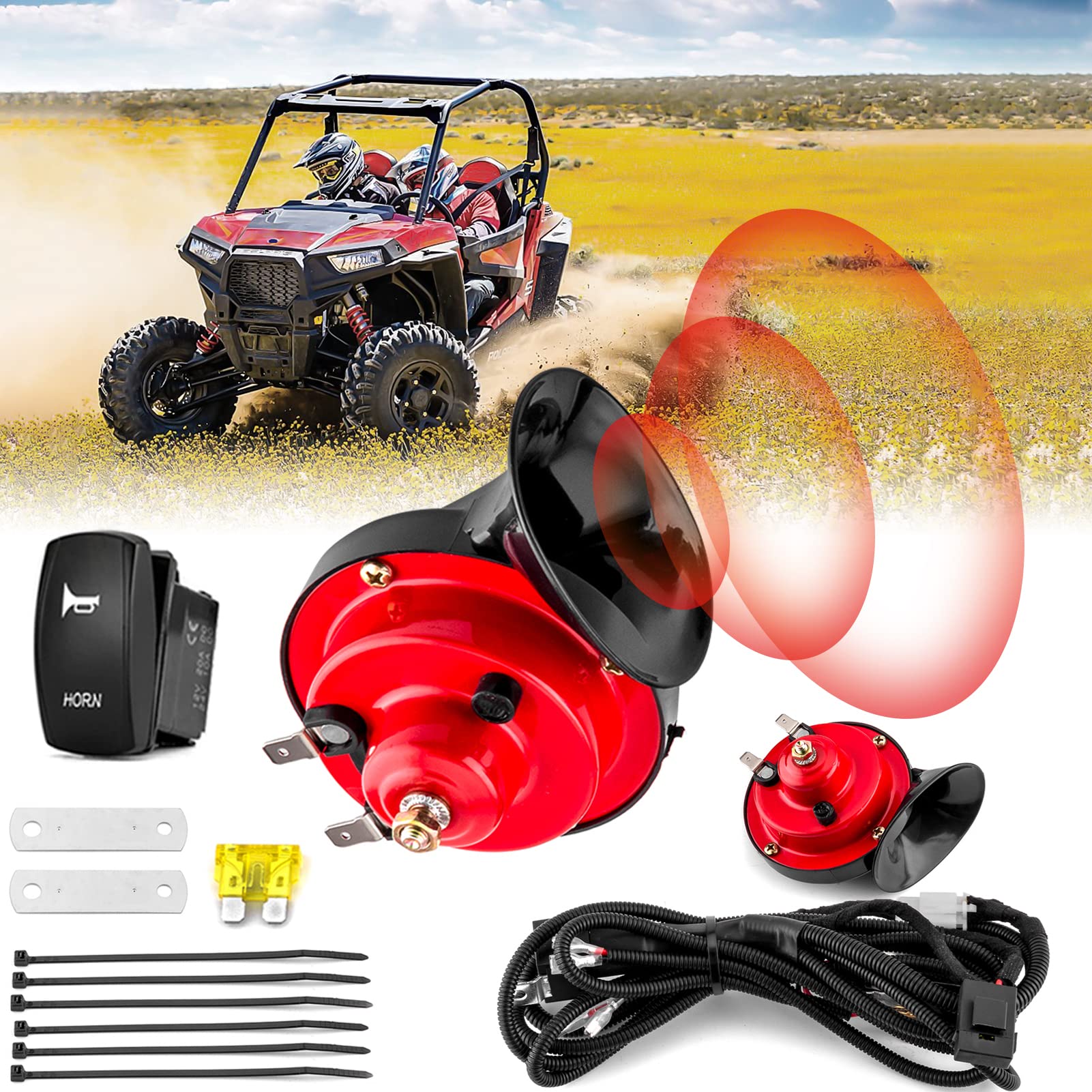 WeiSen 2 Pack UTV/ATV 12V Horn Kit with Rocker Switch Waterproof Compatible with Polaris RZR, Ranger, Can Am Maverick X3, Honda 