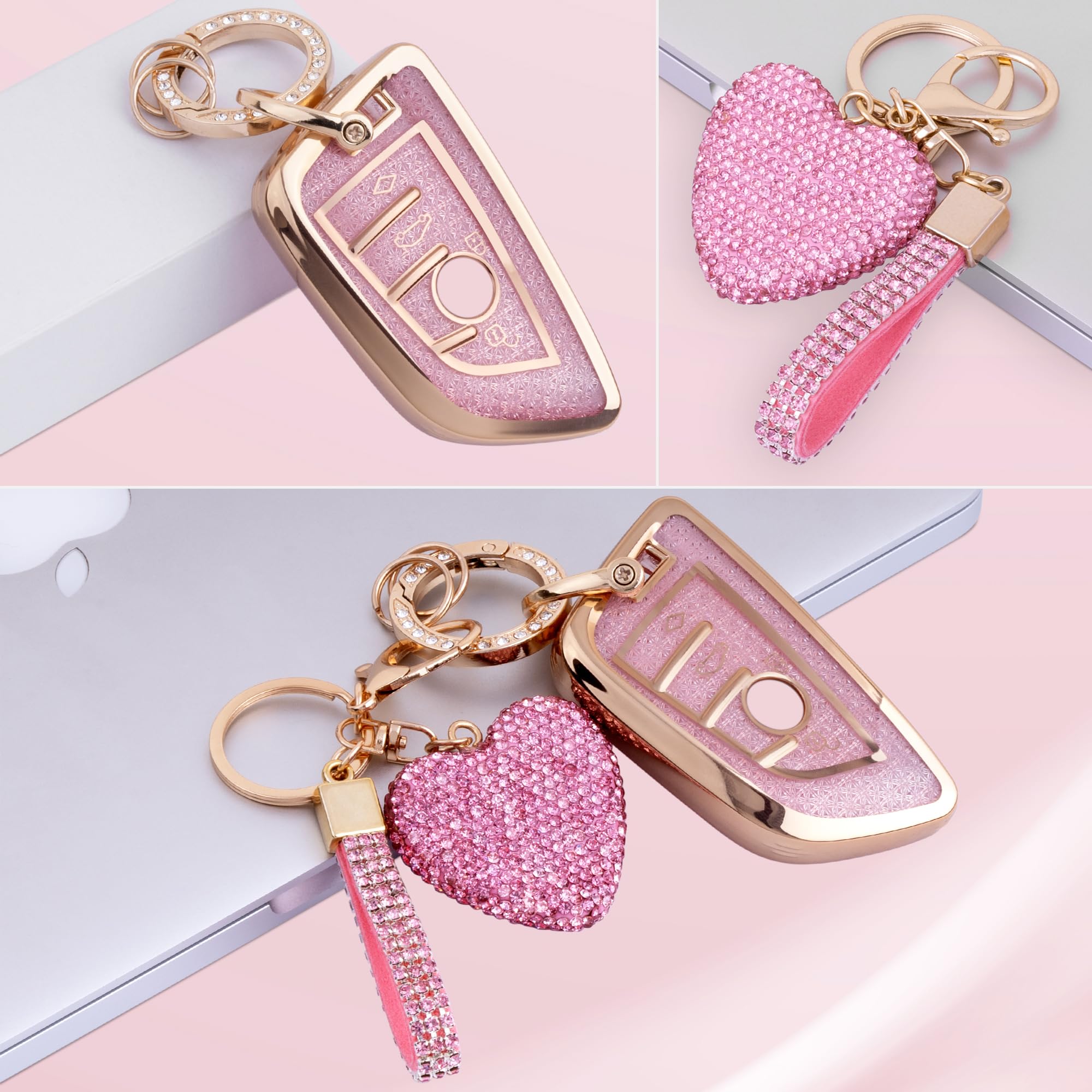 Meruns Compatiable with BMW key fob cover with Diamond Bling Keychain, Car Accessories Key holder Shell Compatiable with BMW X1