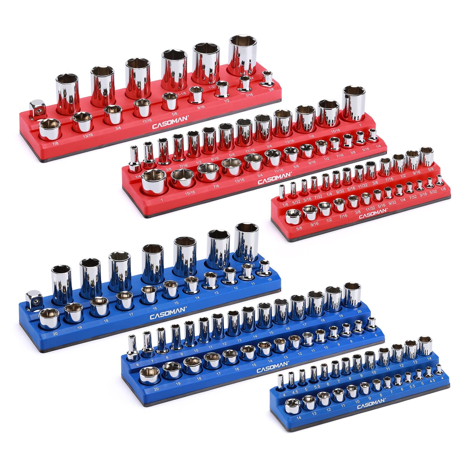 CASOMAN Magnetic Socket Organizer, 6 Piece Socket Holder Kit, 1/2-inch, 3/8-inch, 1/4-inch Drive, Holds 143 SAE&Metric Sockets, 