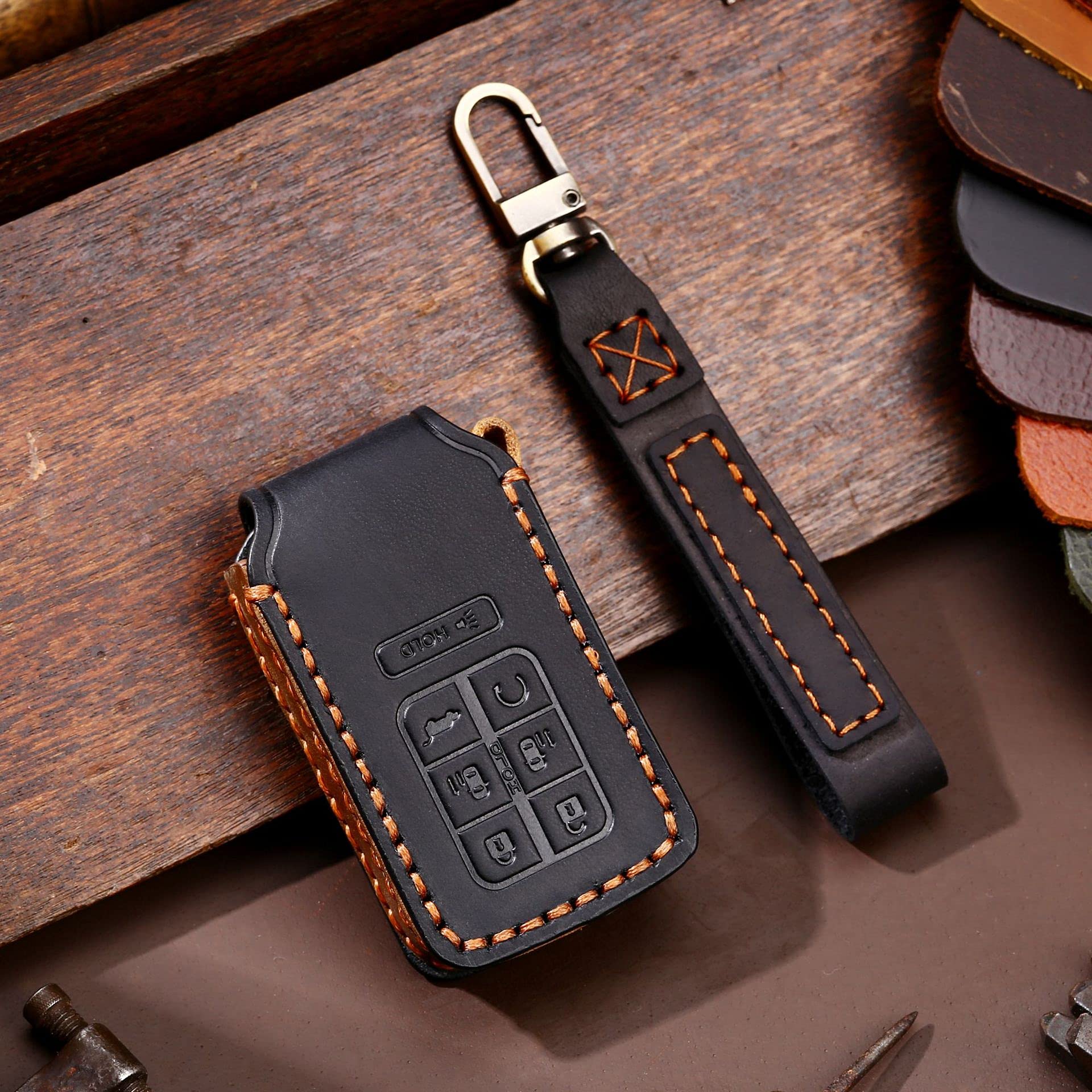 Tecart Leather Key Fob Cover Fit For Honda Odyssey Civic Pilot Crv Keychain Smart Key Case Key Shell Protector 7 Button Black