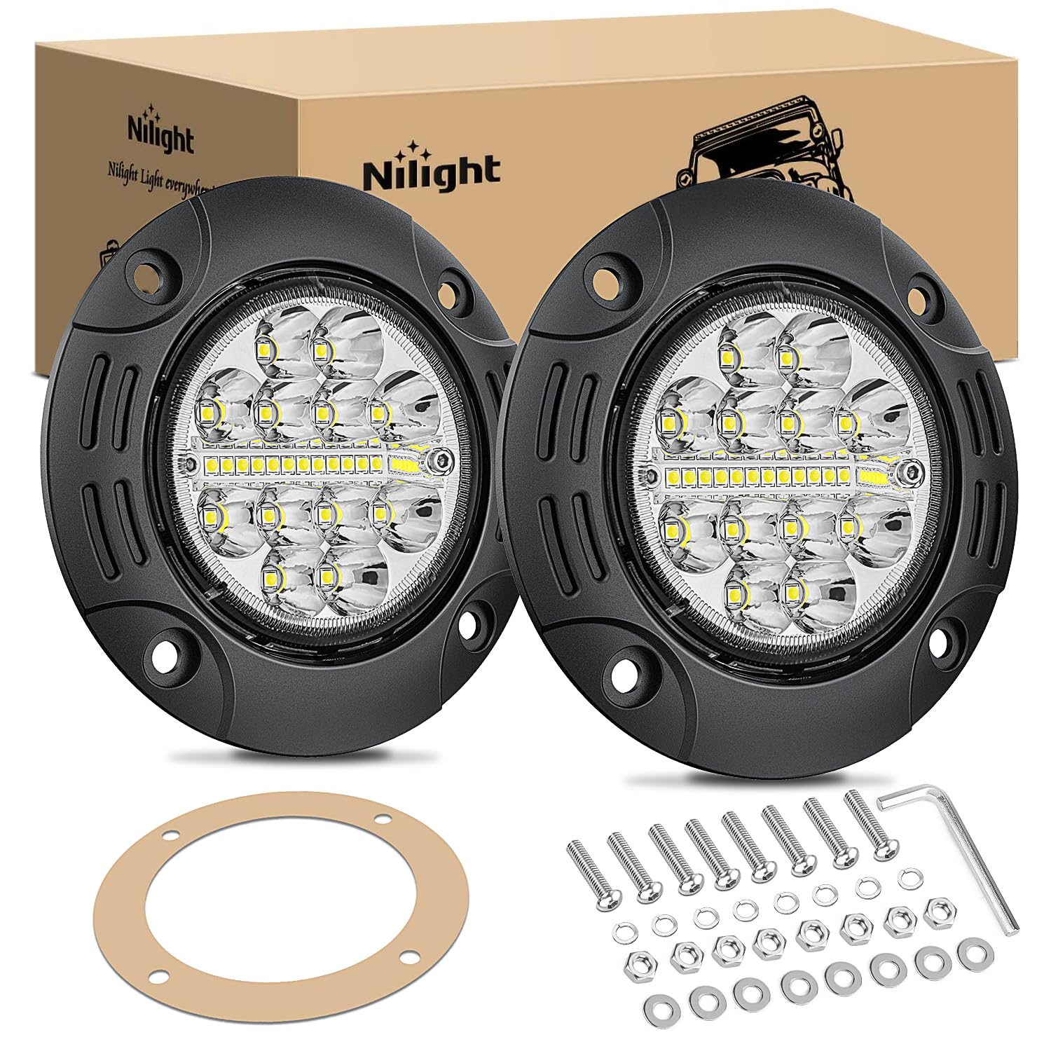 Nilight Flush Mount Led Light Pods 2Pcs 5 Inch 36W Upgraded Spot Flood Combo Beam Round Driving Lights Fog Work Backup Bumper Li
