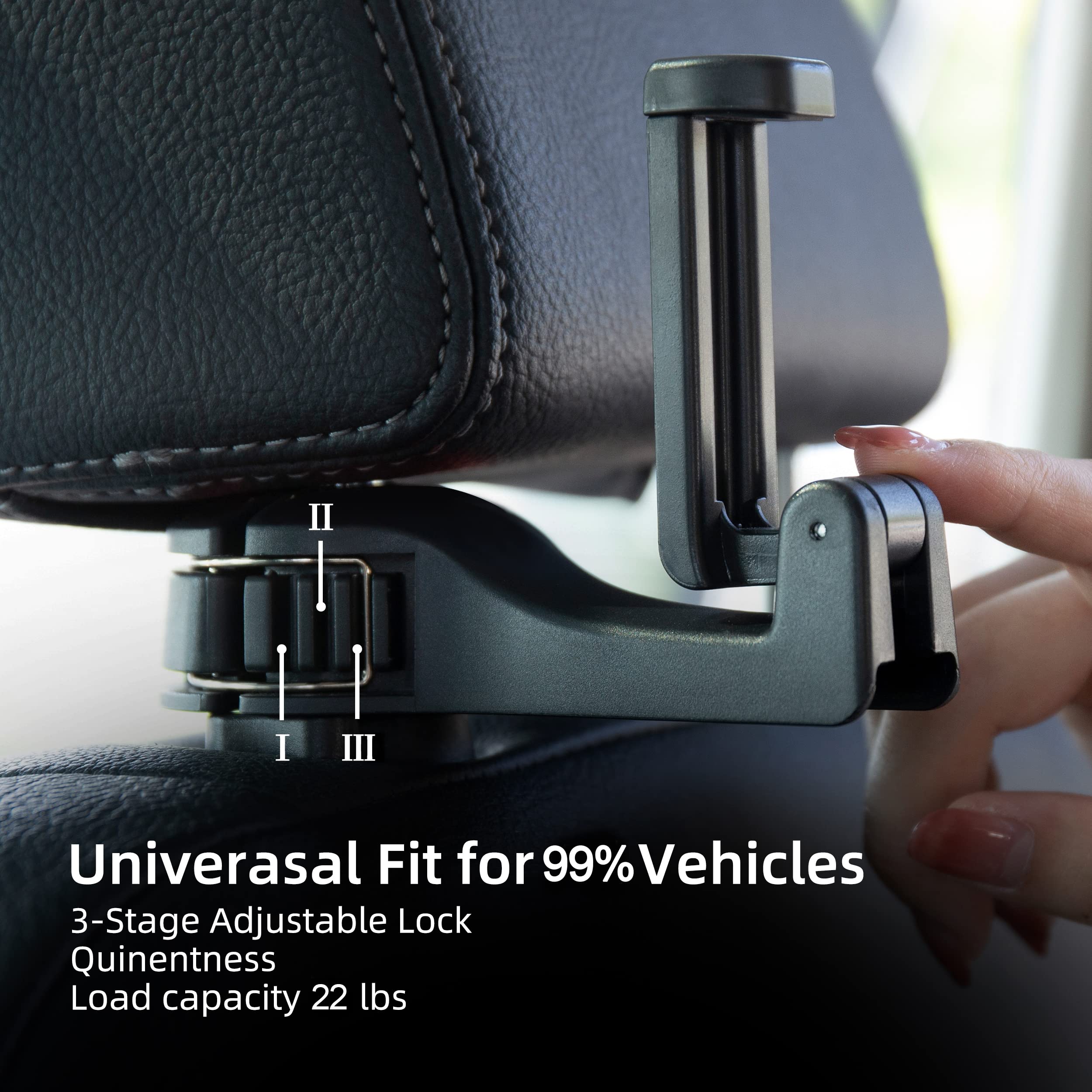Amooca Car Seat Hooks For Purses And Bags With Phone Holder, Universal Car Headrest Storage Organizer Hanger Hook With Lock, 360