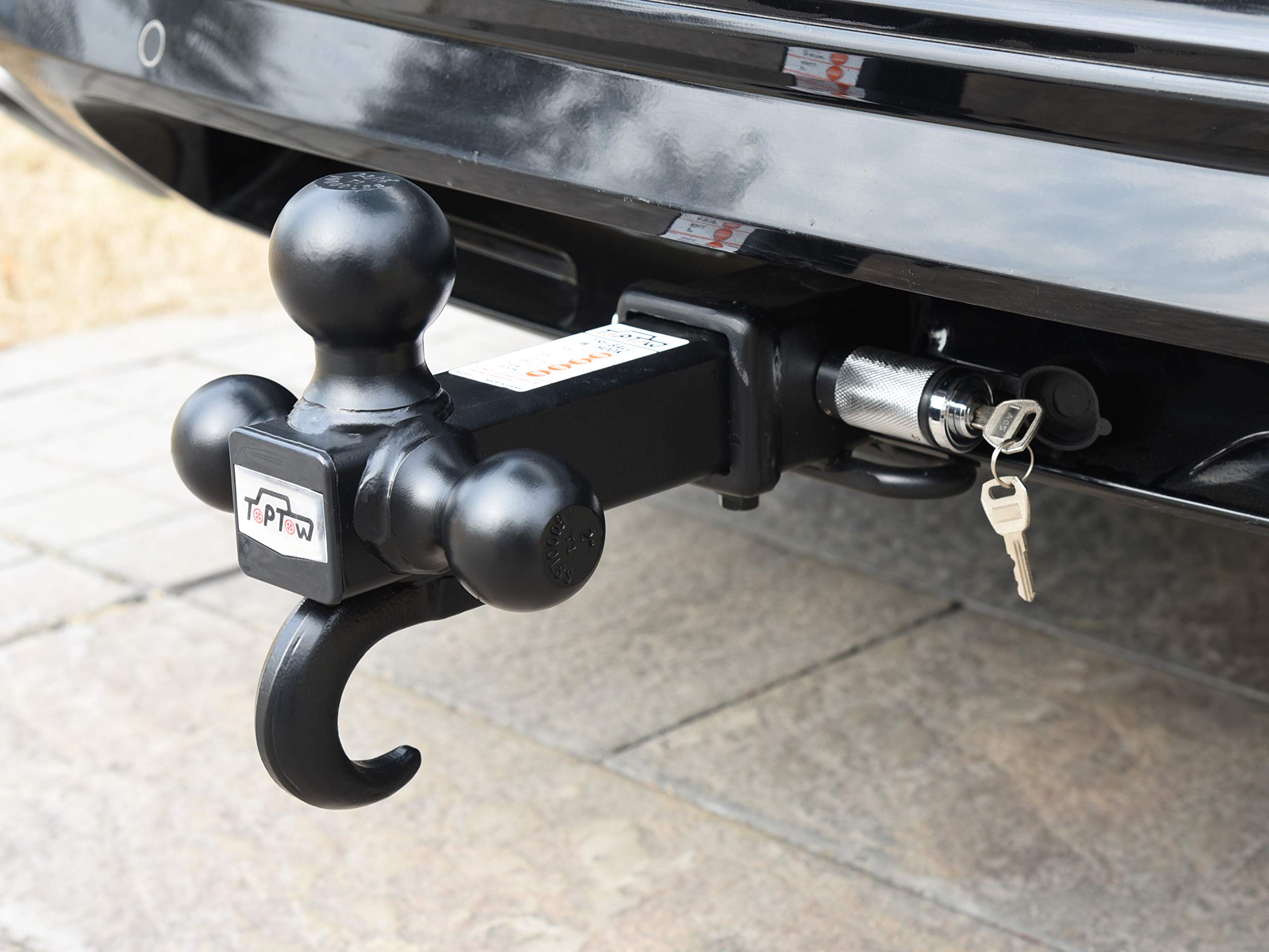 Toptow 64181L Trailer Receiver Hitch Triple Ball Mount With Hook, Black Balls, With Lock, Fits For 2 Inch Receiver