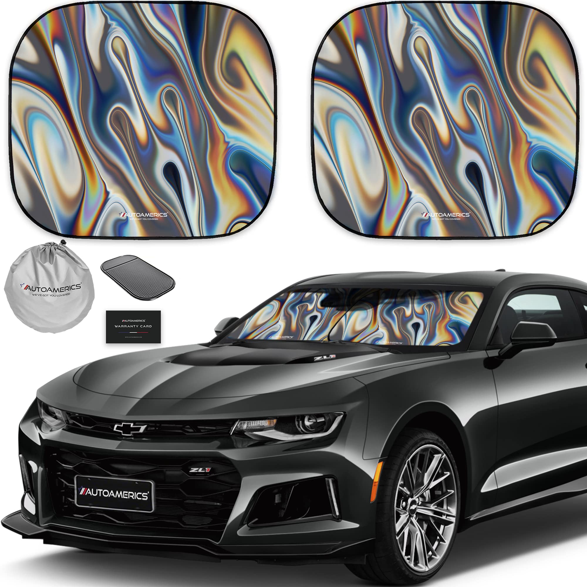 Autoamerics 2-Piece Windshield Sun Shade - Chrome Liquid Foldable Car Front Window Sunshade for Most Cars SUV Truck Heat Blocker