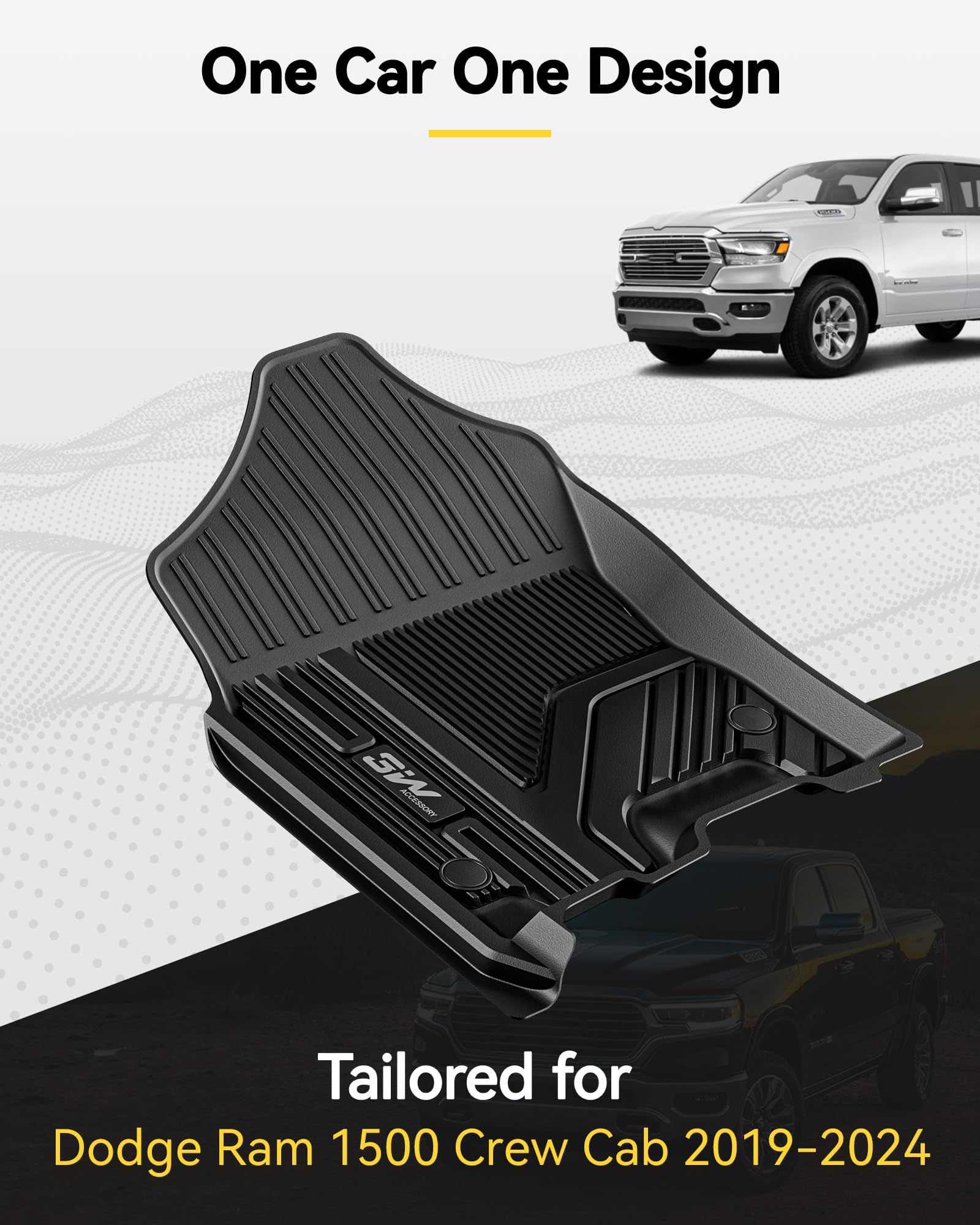 3W Floor Mats Fit For 2019-2024 Dodge Ram 1500 Crew Cab New Body (Not Classic Models) Without Storage, Tpe All Weather Custom Fi