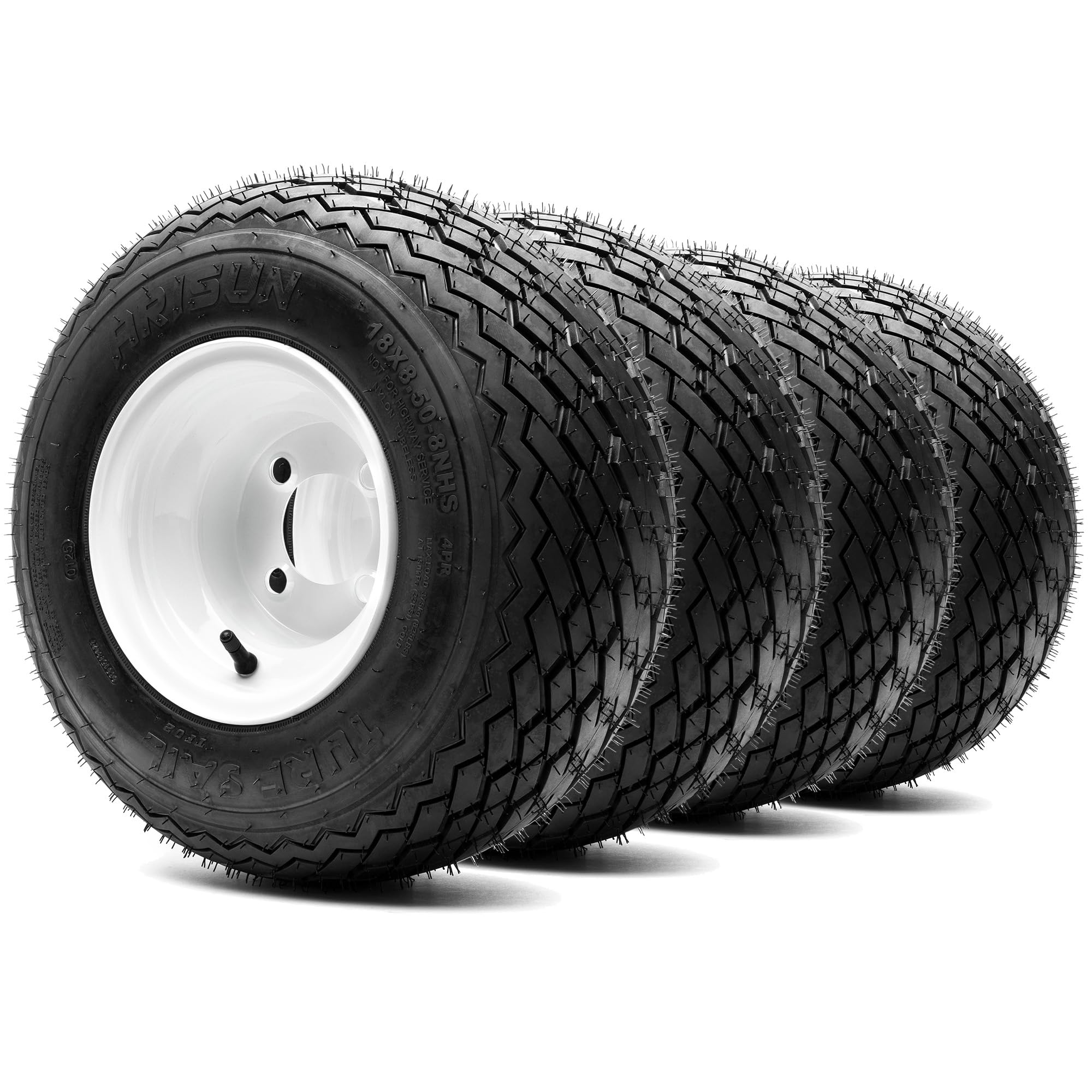 8'' Steel Golf Cart Wheels Glossy White And Arisun Turf Sail (18/8.5-8) Golf Cart Tires - Set Of Four