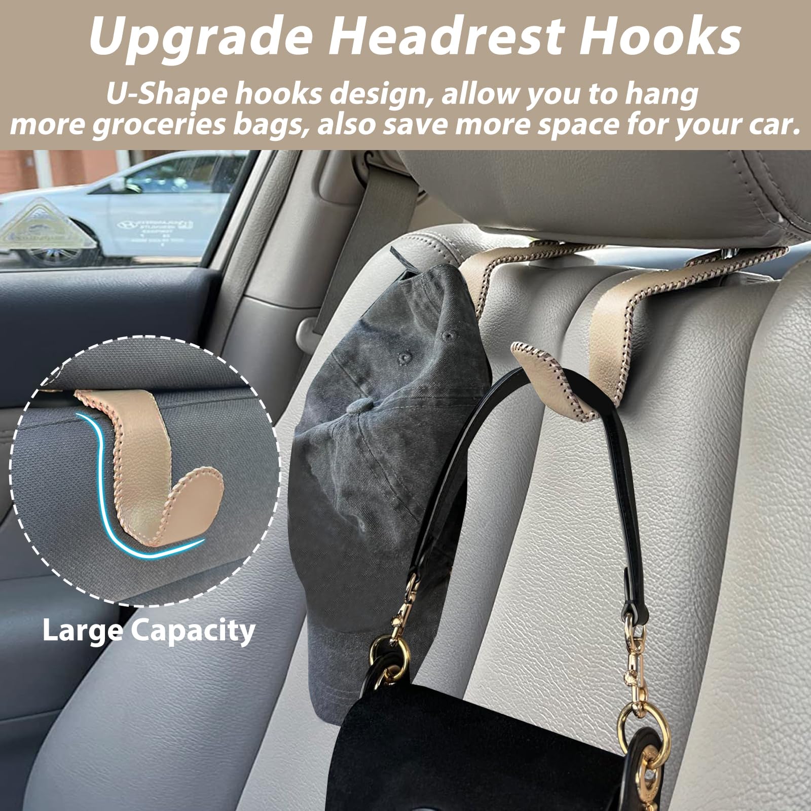 Etre Jeune Purse Hook for Car, Purse Holder Car Headrest Hooks Leather for Hanging Purses and Bags, 2 Pack Beige