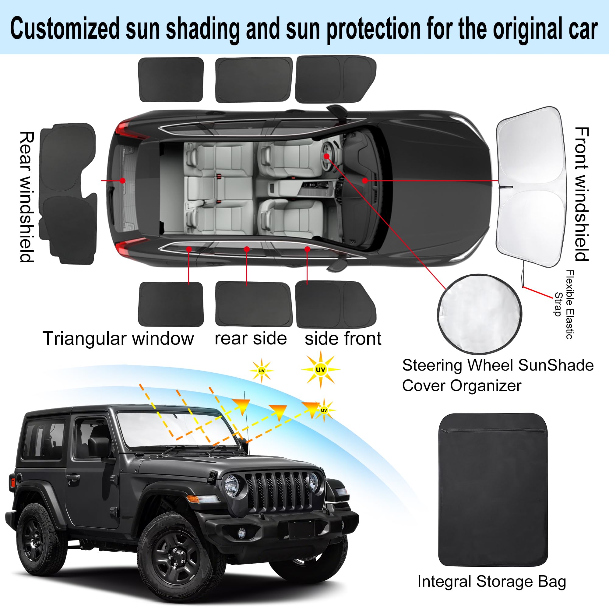 8Pcs Yycke Window Shades For Wrangler Jl 2018-2025 For Jeep Accessories Car Side Full Windows Rear Triangular Windshield Sun Sha