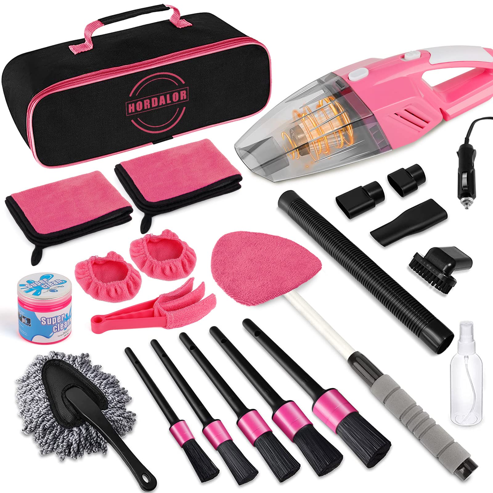 Hordalor Pink Car Interior Detailing Kit, 16Pcs Car Cleaning Kit With High Power Handheld Vacuum, Detailing Brush Set, Cleaning