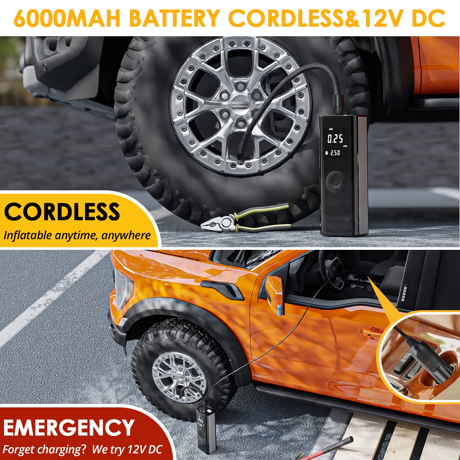Tire Inflator Portable Air Compressor Fits Car&Truck-[12V Dc&6000Mah Battery]-150Psi Cordless Electric Smart Pump-Digital Pressu