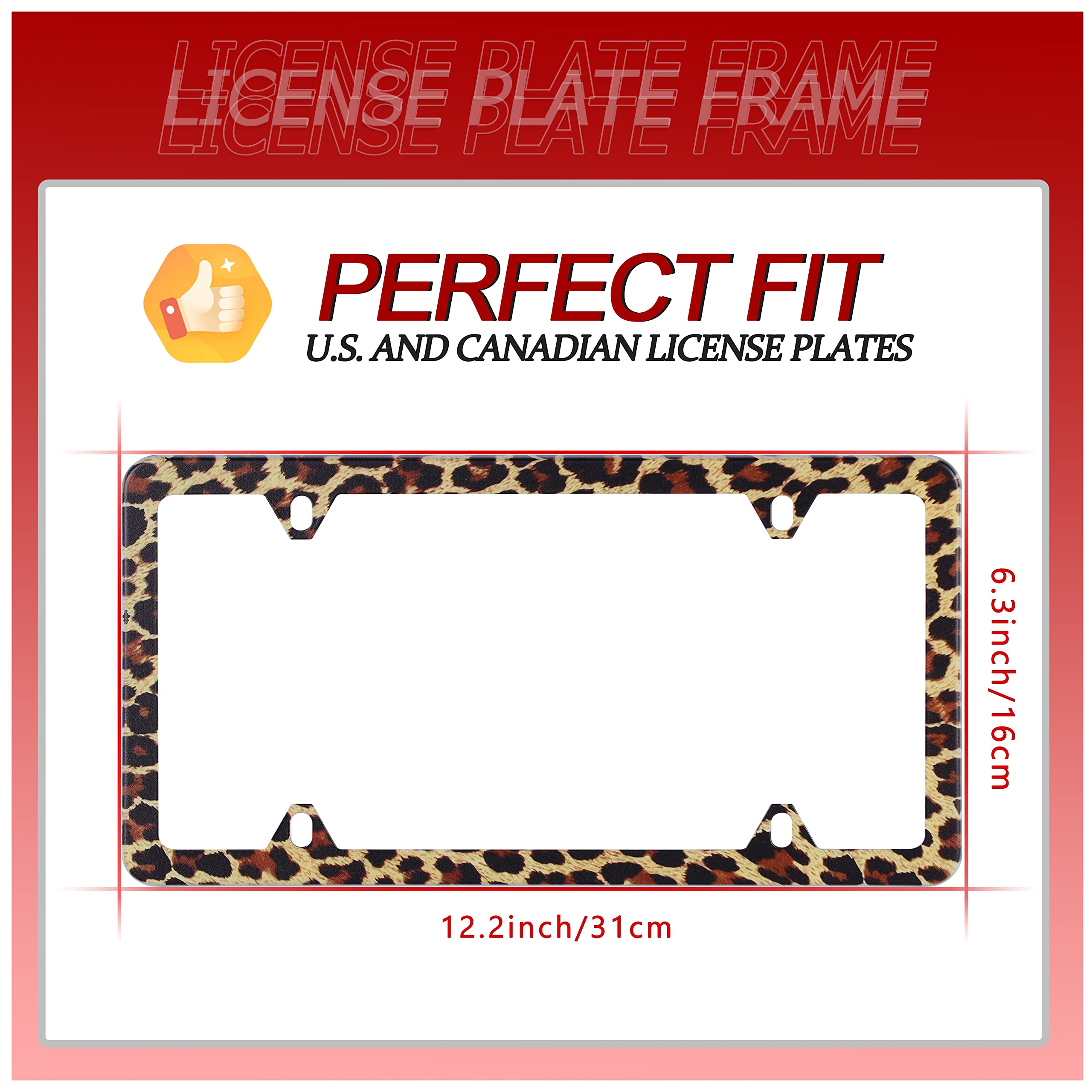 2Pcs Brown Leopard Print License Plate Frame Cheetah Animal Stainless Steel Auto Parts Decoration With Screws Fits U.S. Canadian