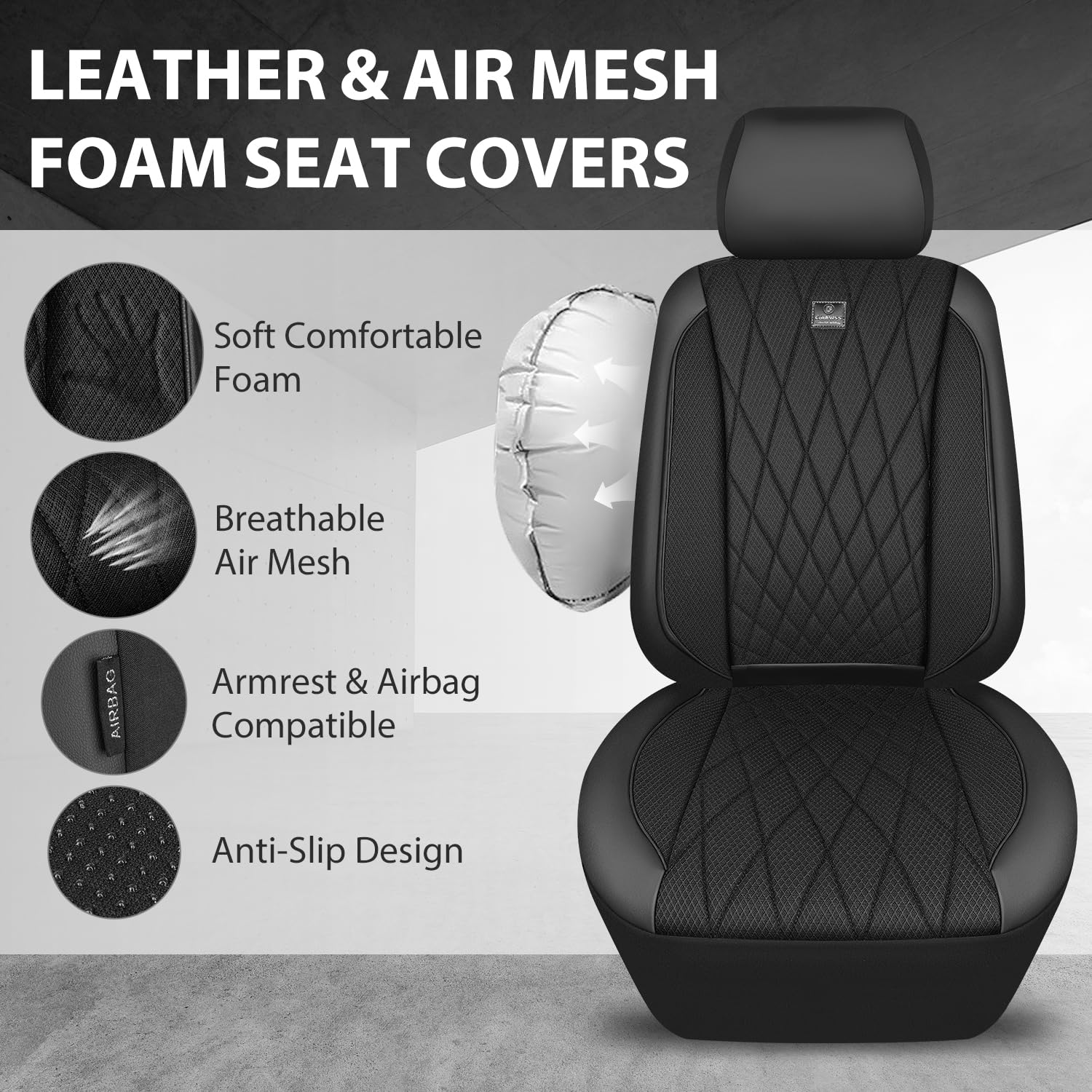 Car Pass Thick Foam 3D Mesh Leather Car Seat Covers Full Set, Luxury Breathable Premuim Faux Leather Automotive Seat Covers, Air
