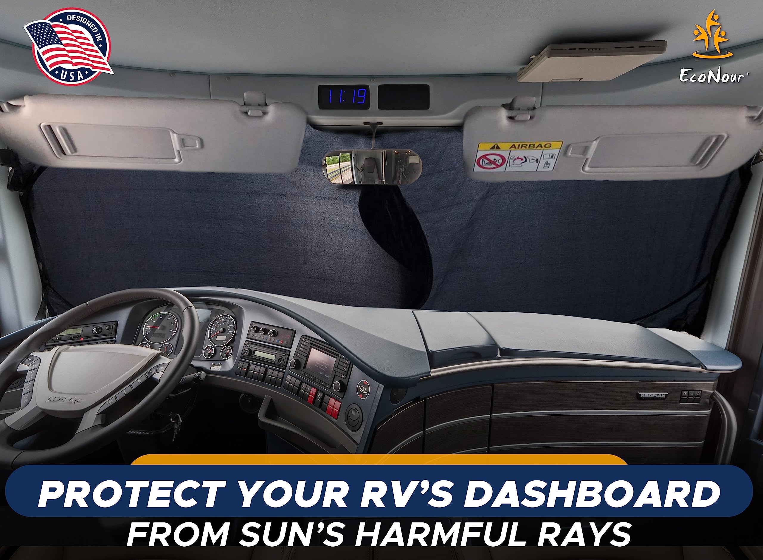 EcoNour RV Windshield Sunshade - Reflective UV & Heat Protection Cover, XXXL 102x51 inches, Grey Polyester for RVs, Trucks, Buses