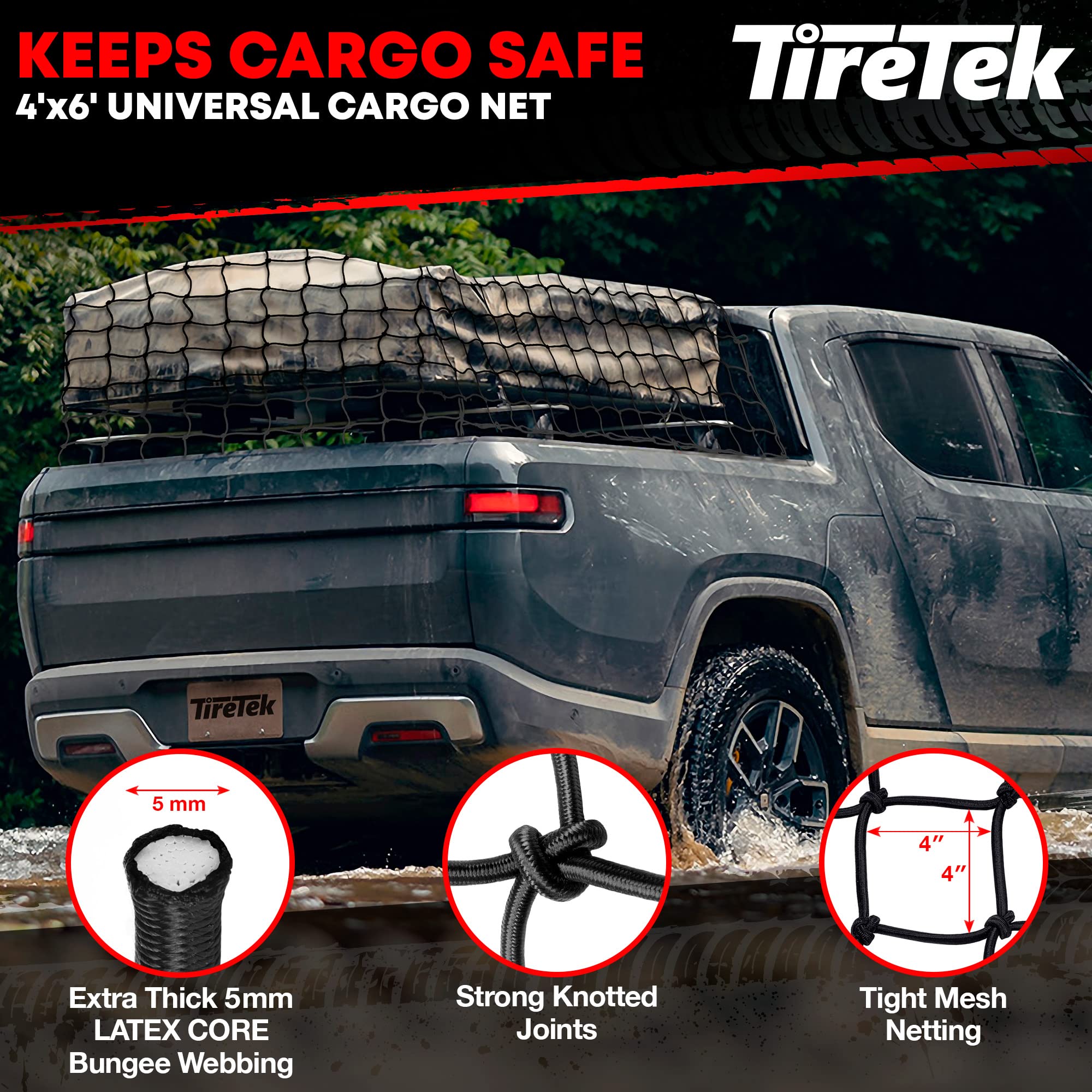 Tiretek Truck Accessories For Men, Heavy-Duty Cargo Net For Pickup Truck Bed Net, 4' X 6' Stretches To 8' X 12' W/ 12 Metal Cara