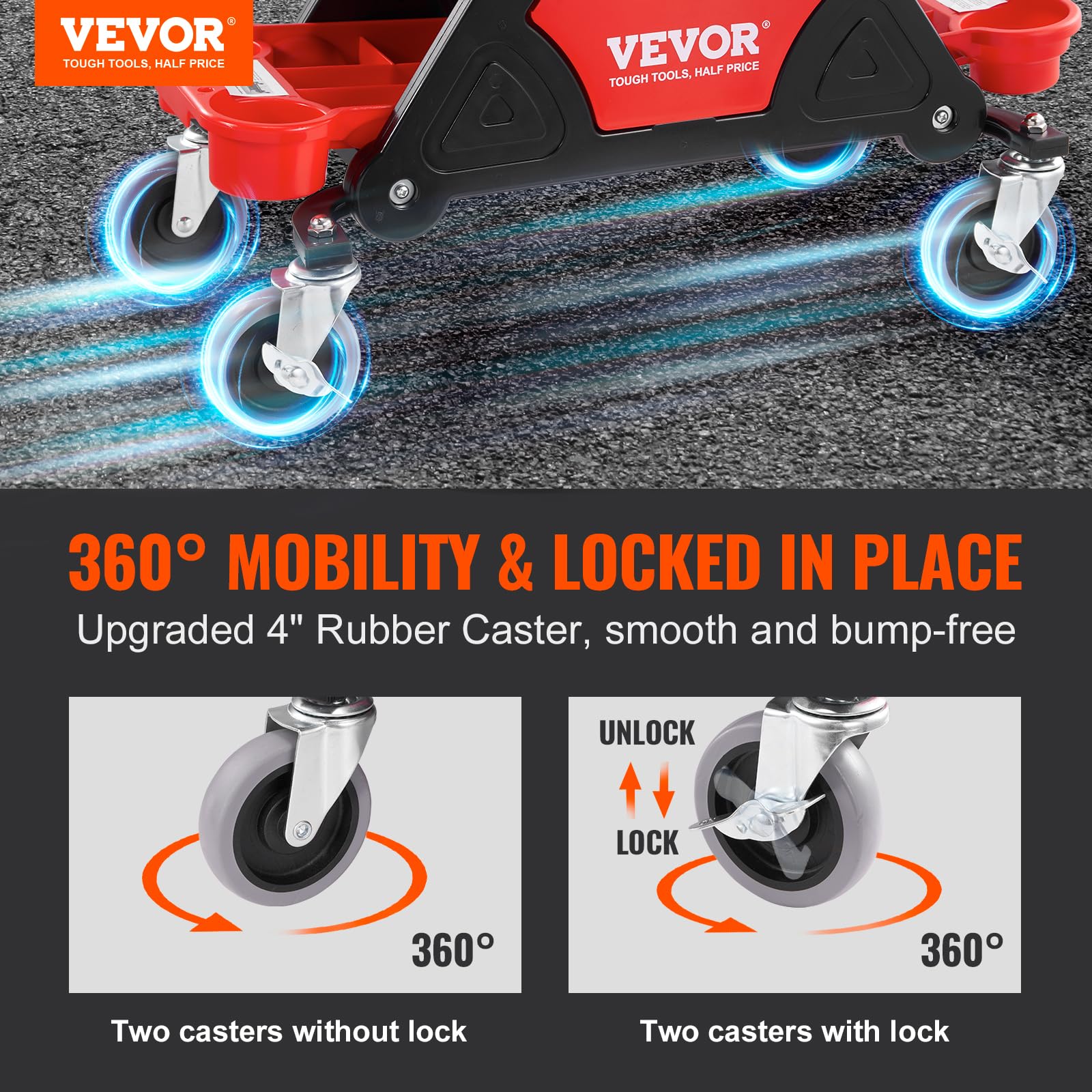 Vevor Mechanic Stool 300 Lbs Capacity Garage Stool Gift For Men, Heavy Duty Rolling Mechanics Seat, With Three Slide Out Tool Trays And Drawer, Tools For Automotive Auto Repair