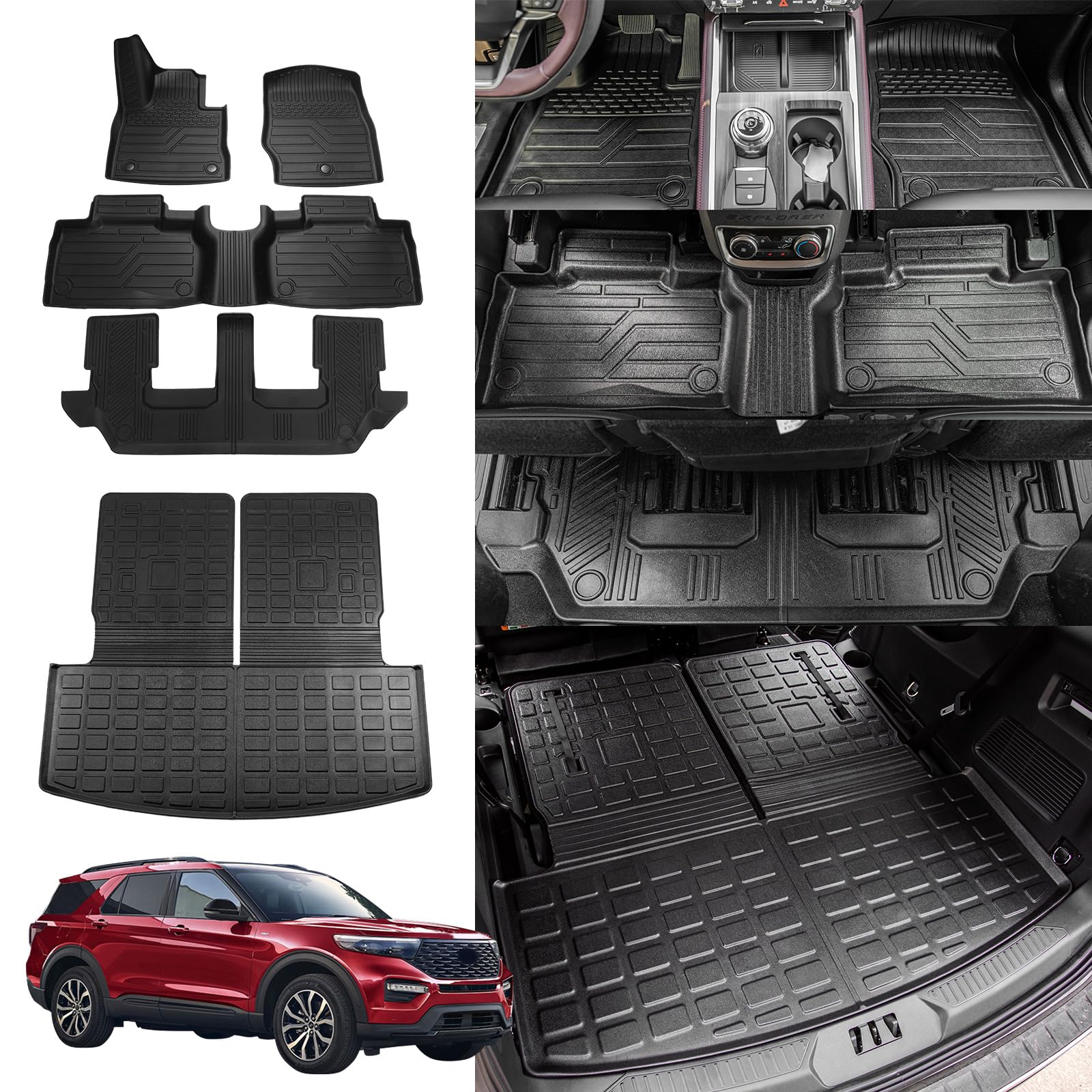 Rongtaod Floor Mats Compatible With 2020-2025 Ford Explorer 7 Seats Cargo Mat Cargo Liner Trunk Liner Back Seat Cover Protector