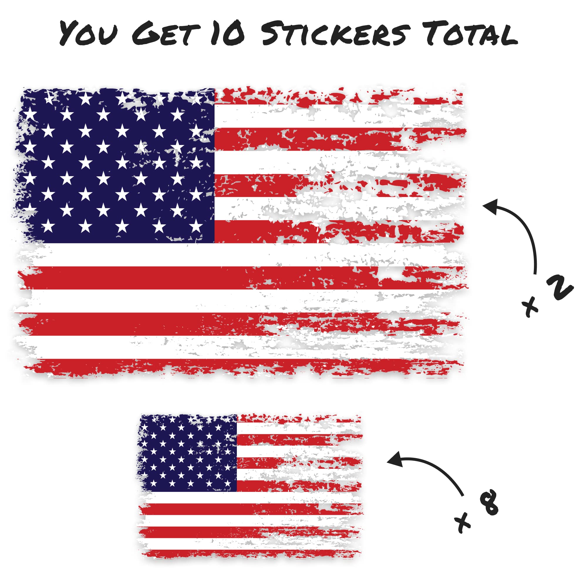 Stickios American Flag Decals (8 Small, 2 Medium) - Made In The Usa - Distressed, Patriotic Vinyl Flag Stickers For Cars, Trucks