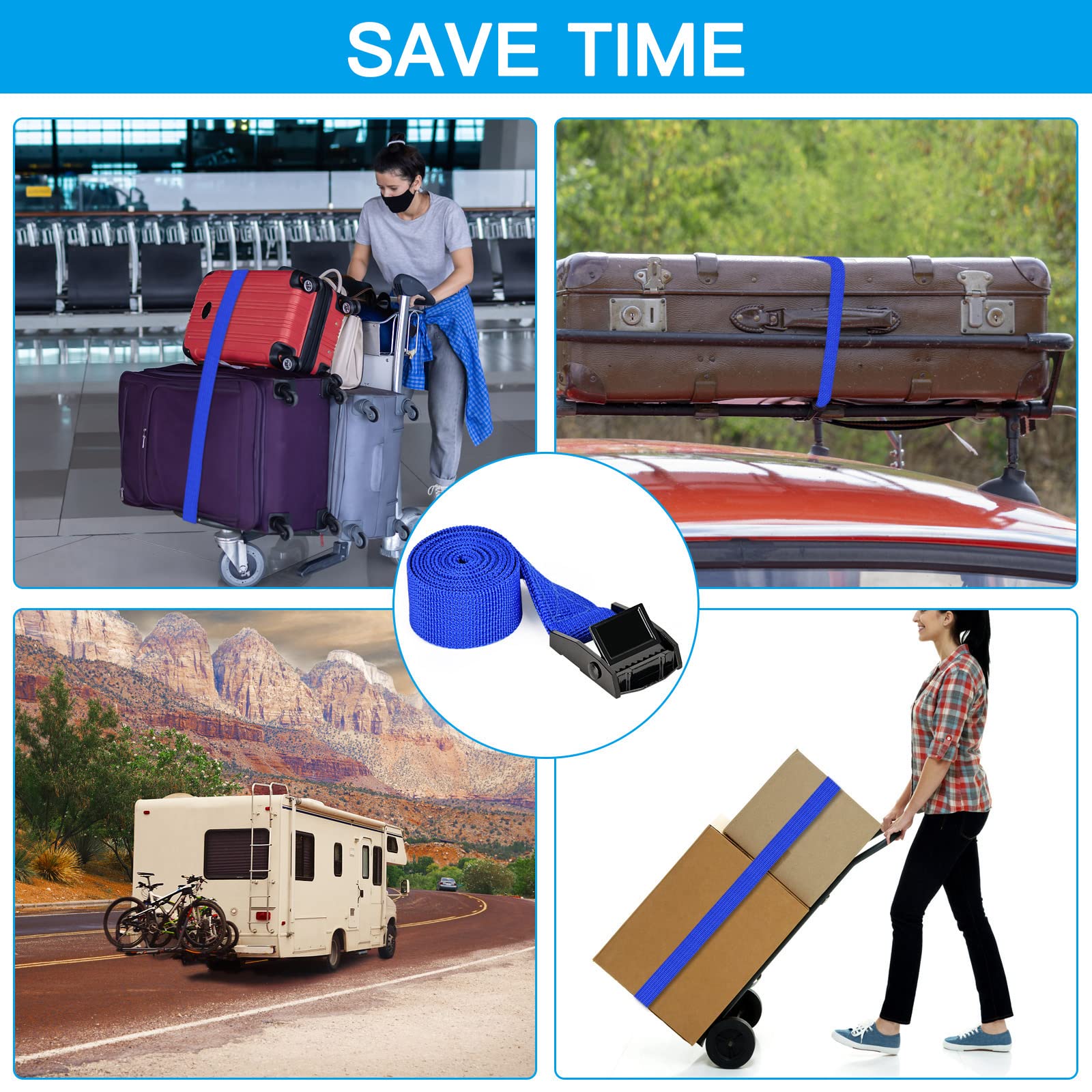 Kshineni Tie Down Straps 4 Pcs Cam Buckle Strap 19.7' X 1 Adjustable Lashing Cinch Ratchet Tie-Down Straps For Cargo, Trucks, Luggage, Trailer, Motorcycle (Blue)