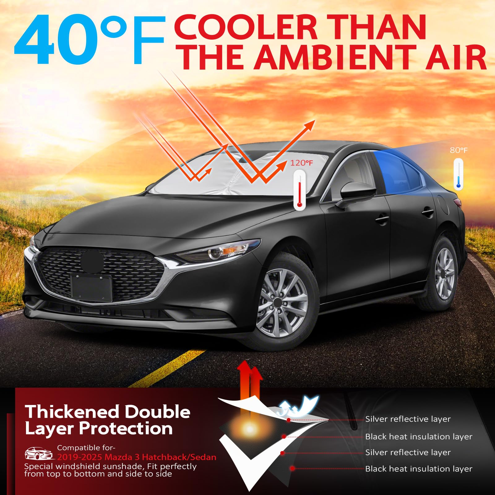 Kayzt Windshield Sun Shade For 2019-2025 Mazda 3 Hatchback Sedan Foldable Sunshade Front Window Custom Fit Car Accessories