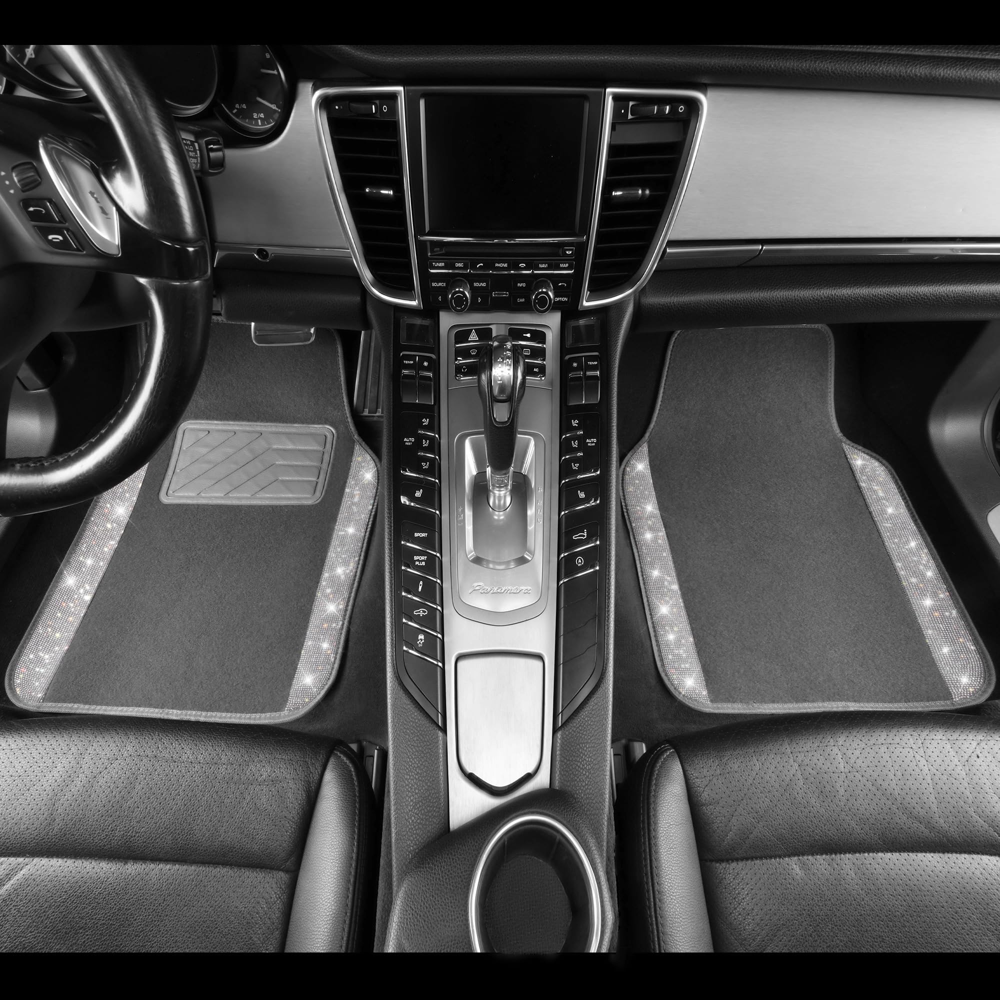 Car Pass Bling Car Mats Shining Diamond Carpet Crystal Rhinestones Sparkly Glitter Floor Mats With Anti-Slip Pvc Heel Pad Universal Fit For Automotive Suv, Sedan, Car, Van, 4Pcs For Girl Women, Gray