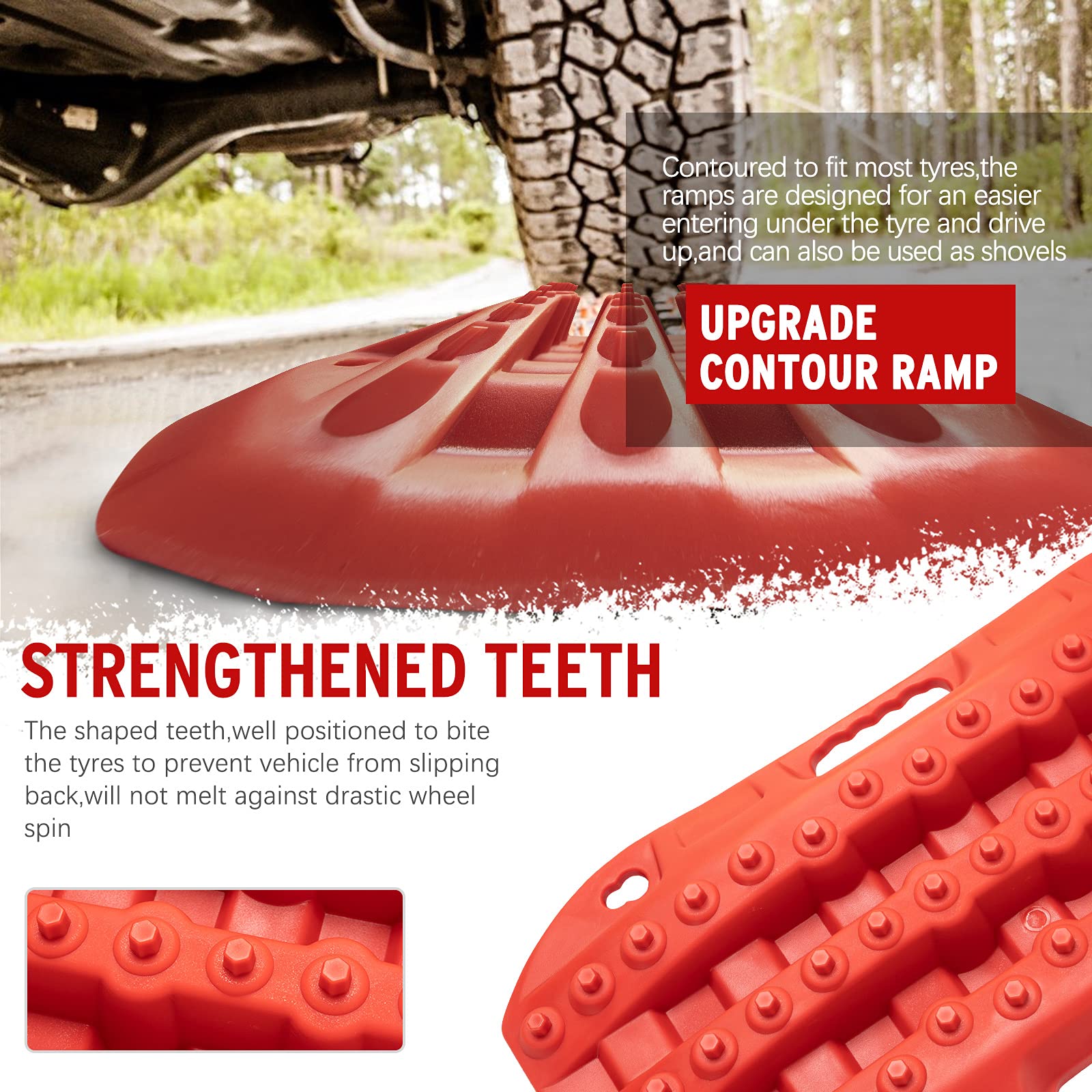 Bunker Indust Off Road Traction Boads, 2 Pcs Short Recovery Track Traction Mats For 4Wd Mud, Sand, Snow Ramps-Red Tire Traction