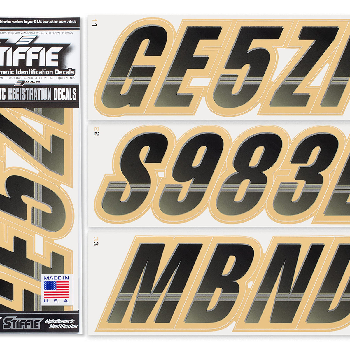 Stiffie Techtron Black/Tan 3 '' Boat & Pwc Registration Decals Numbers Letters S WBCARB00DP5JG9I