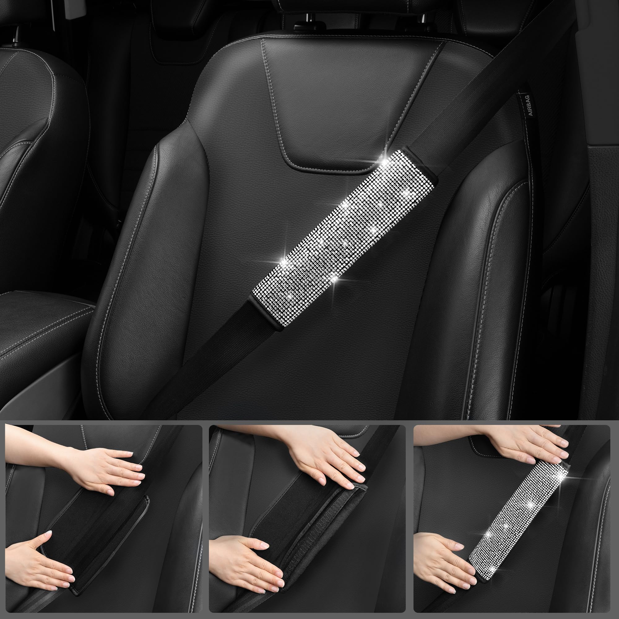 Car Pass Diamond Bling Leather Seat Covers Set - 12 Pcs Glitter Rhinestone Steering Wheel And Car Interior Accessory Set For Wom