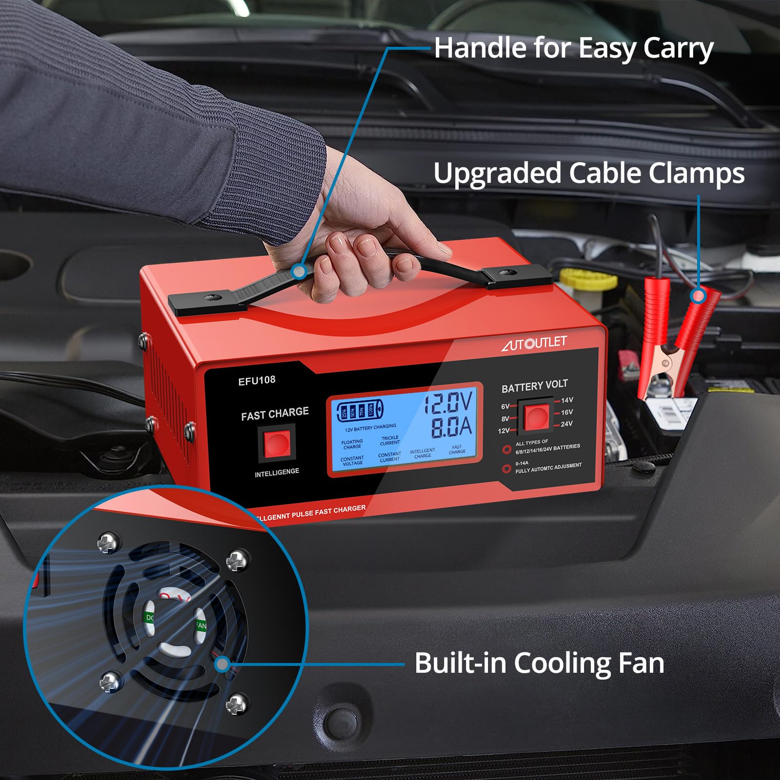Autoutlet Upgraded 8 Volt Battery Charger For Golf Cart Automotive Battery Charger And Maintainer 0-10A With Cable Clamps For 6/