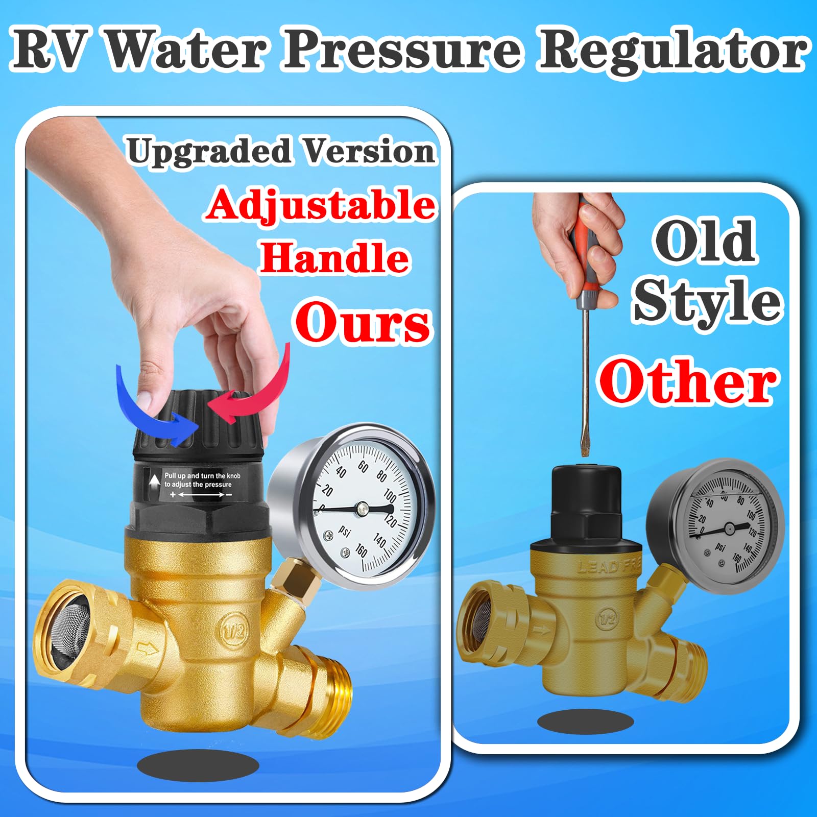Rv Water Pressure Regulator With Adjustable Handle, Water Pressure Regulator For Rv Camper, Upgrade Water Pressure Reducer For R