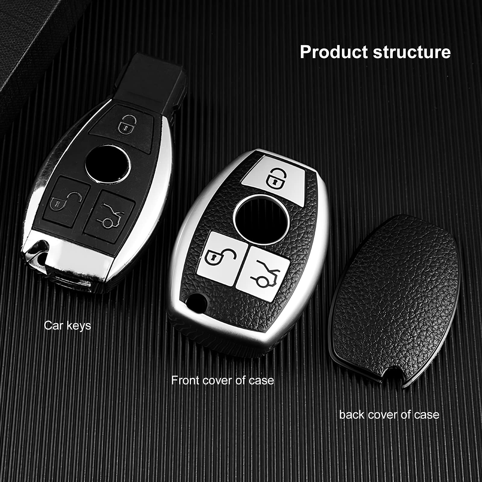 ELOHEI Mercedes Benz Key Fob Cover - Premium Soft TPU, Leather Texture Silver, Compatible with C E S M CLS CLK G Class Keyless Smart Key