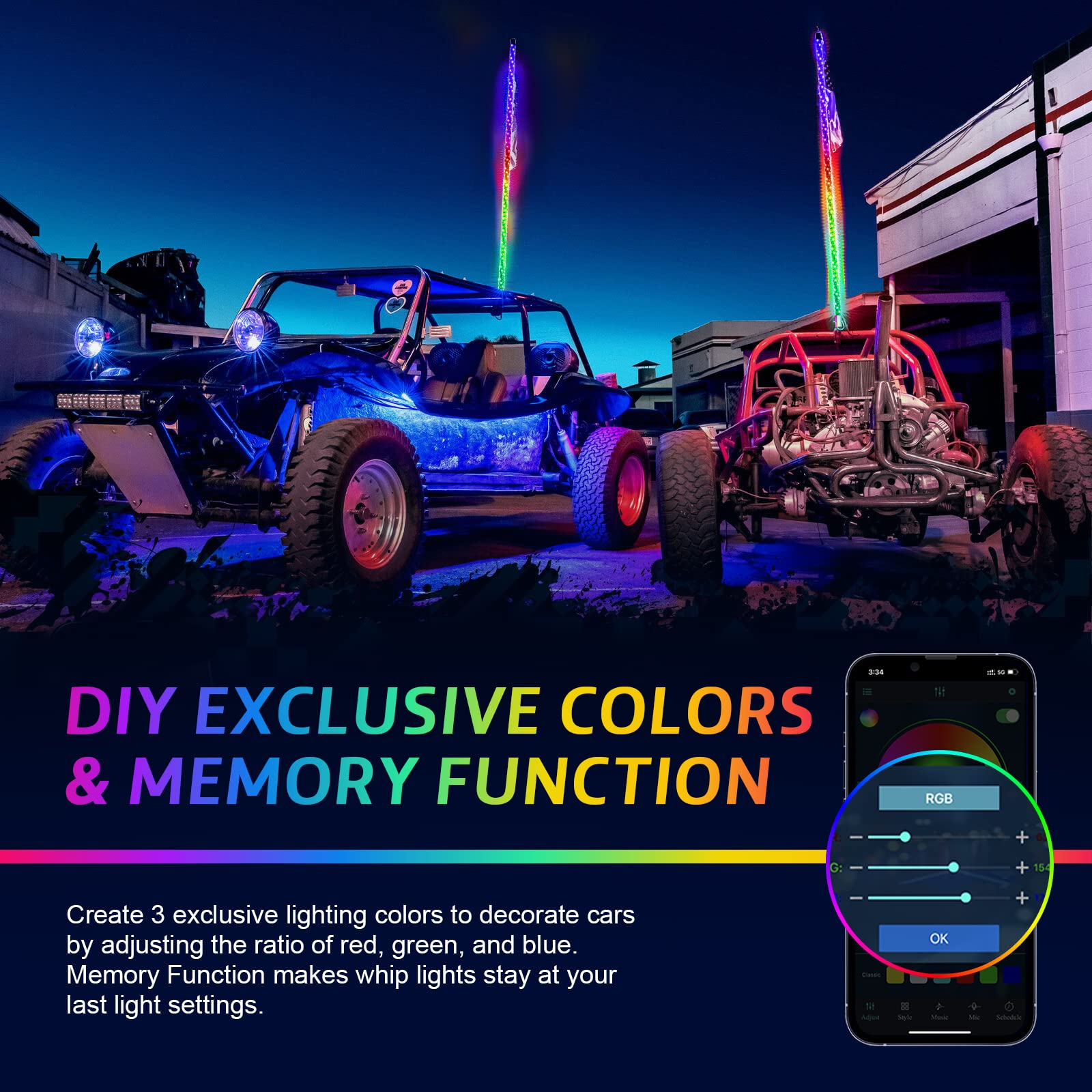 Ehaho 5FT LED Whip Lights with App & Remote Control, Aluminum, Spiral RGB Chasing, 2PC Set