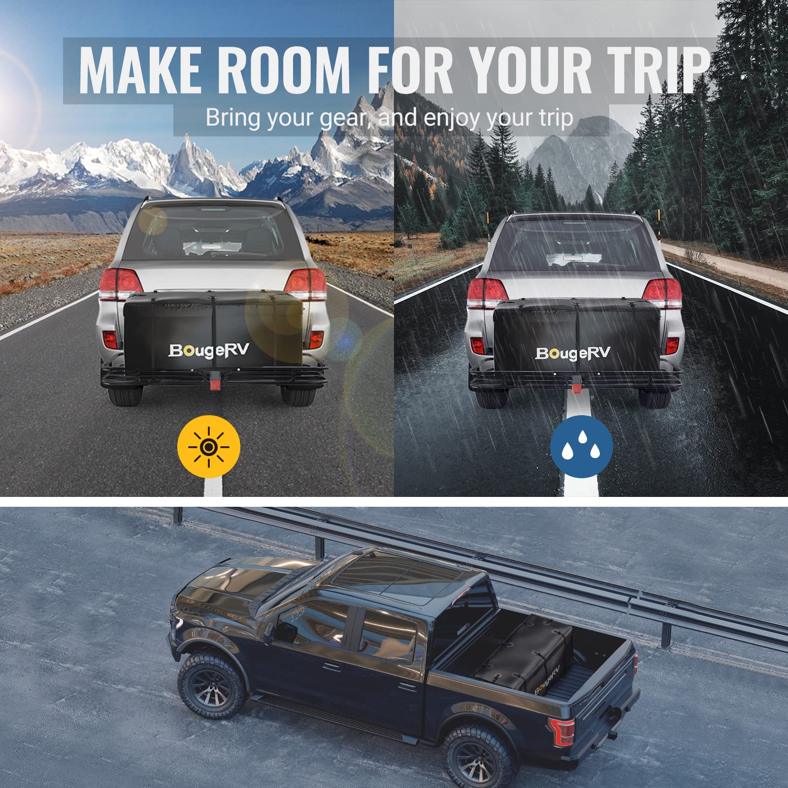 Bougerv Hitch Cargo Carrier Bag With Lock Waterproof Soft Shell 20 Cubic Feet (59 24 24) Cargo Bag For Hitch Carrier Include 8 Reinforced Straps For Truck Pickup Rv All Suv With Hitch Cargo Basket