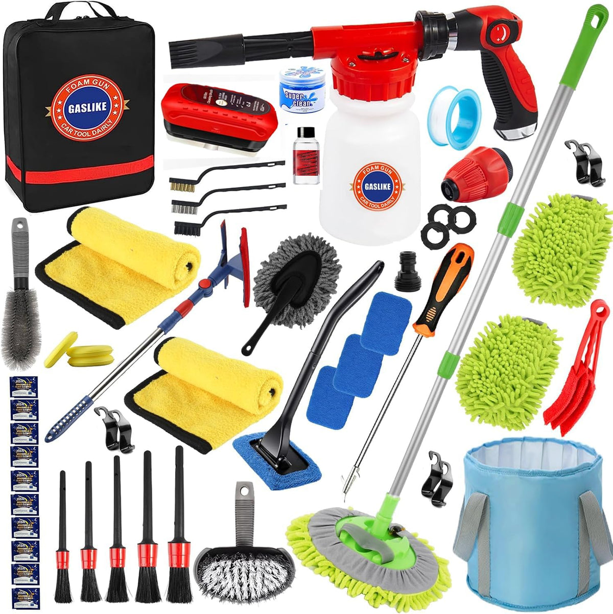 car detailing gear GASLIKE 56Pcs Car Wash Cleaning Kit with Foam Gun & Long Handle Brush