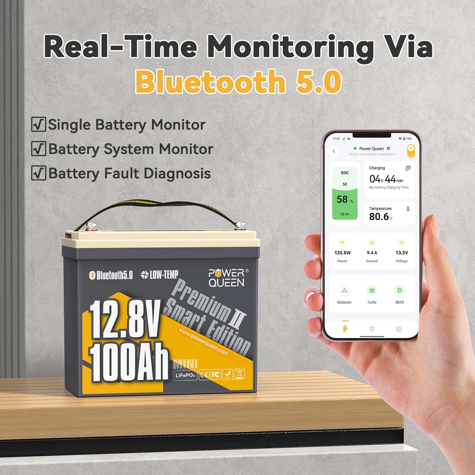 Power Queen 12V 100Ah Mini Lifepo4 Battery With Bluetooth, Low Temp Cut-Off, 12V Lithium Battery 100A Smart Bms, Support Monitor
