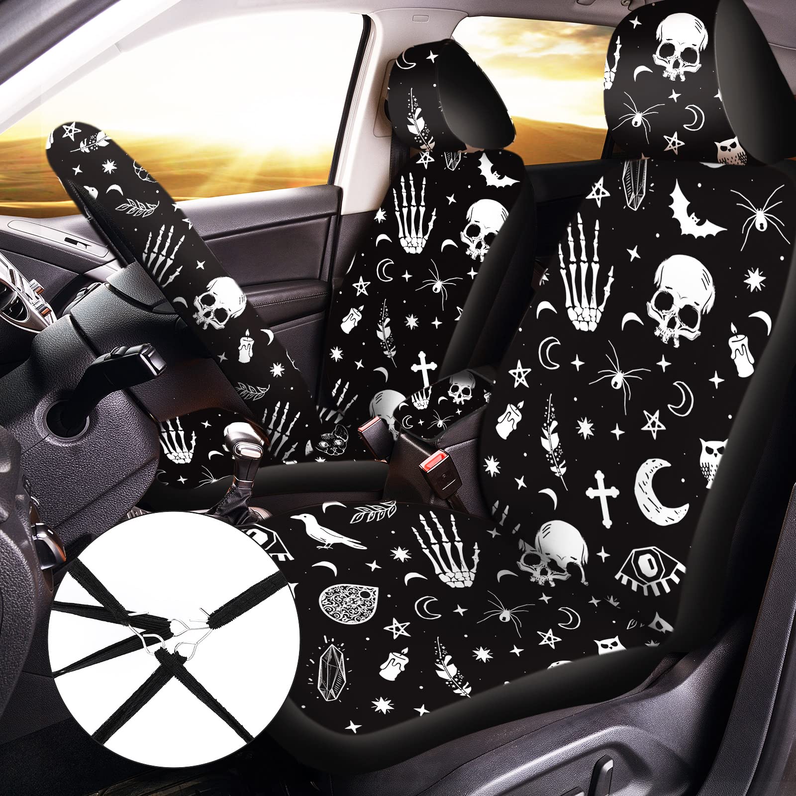 15 Pieces Moon and Stars Car Seat Cover Full Set for Women Men Upgrade Thick Car Front Seat Covers Universal Steering Wheel Cove