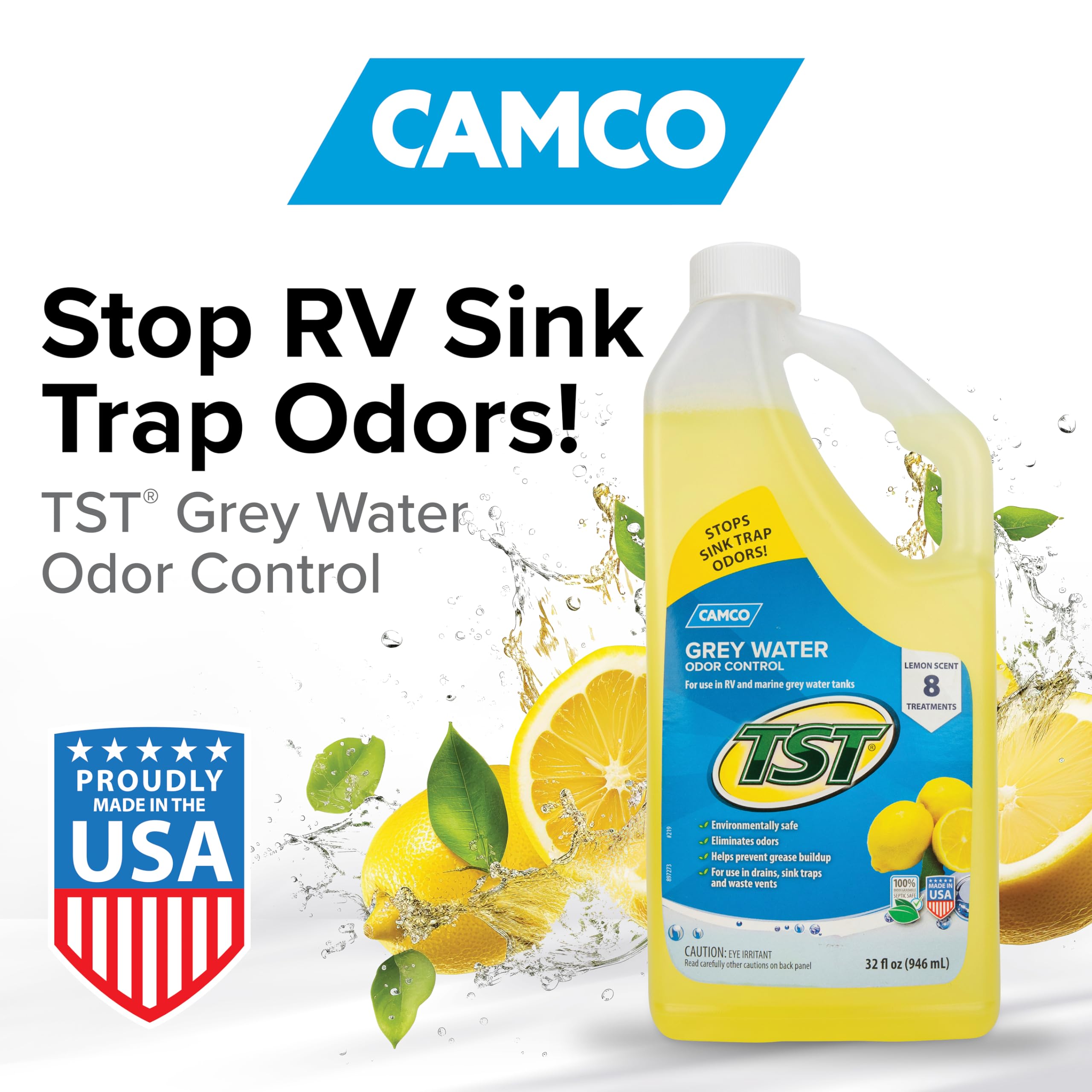 Camco TST Camper/RV Grey Water Odor Control - Features Septic Safe Biodegradable Formula - Removes Grease Build-Up in Black Water Tank, Sink & Shower Drains - Fresh Lemon Scent, 32-oz Bottle (40252)