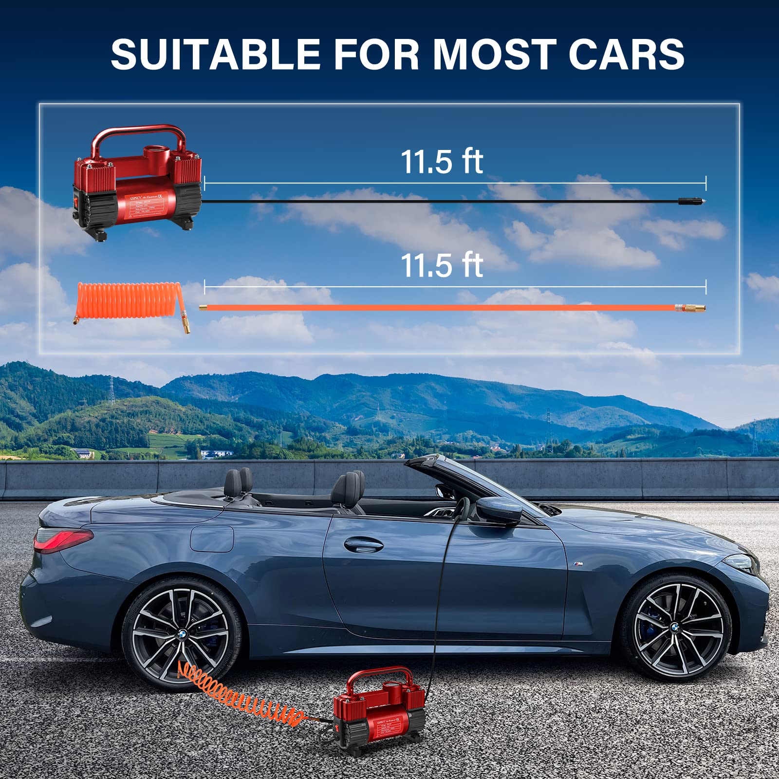 Gspscn Red Tire Inflator Heavy Duty Double Cylinders, Portable Metal Dc 12V Air Compressor, 150Psi Tire Pump With Adapter For Ca