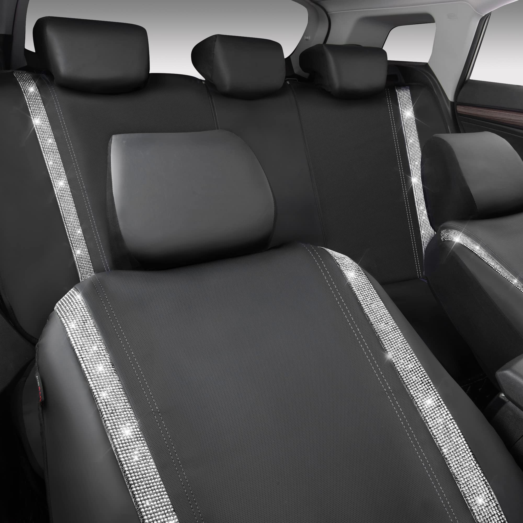 Car Pass Bling Car Seat Covers Full Set, Shining Rhinestone Diamond Waterproof Faux Leather, Rear With Zipper, Universal Fit Automotive Glitter Crystal Sparkle Strips For Cute Women Girl, Silver