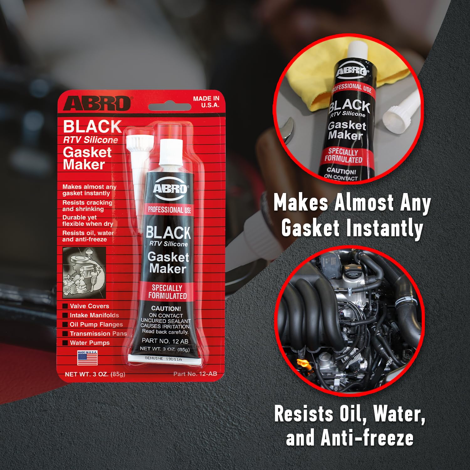 Abro Rtv Silicone Sealant And Gasket Maker: High Temp Silicone, 500F Heat, 3 Oz/85G Tube - Black