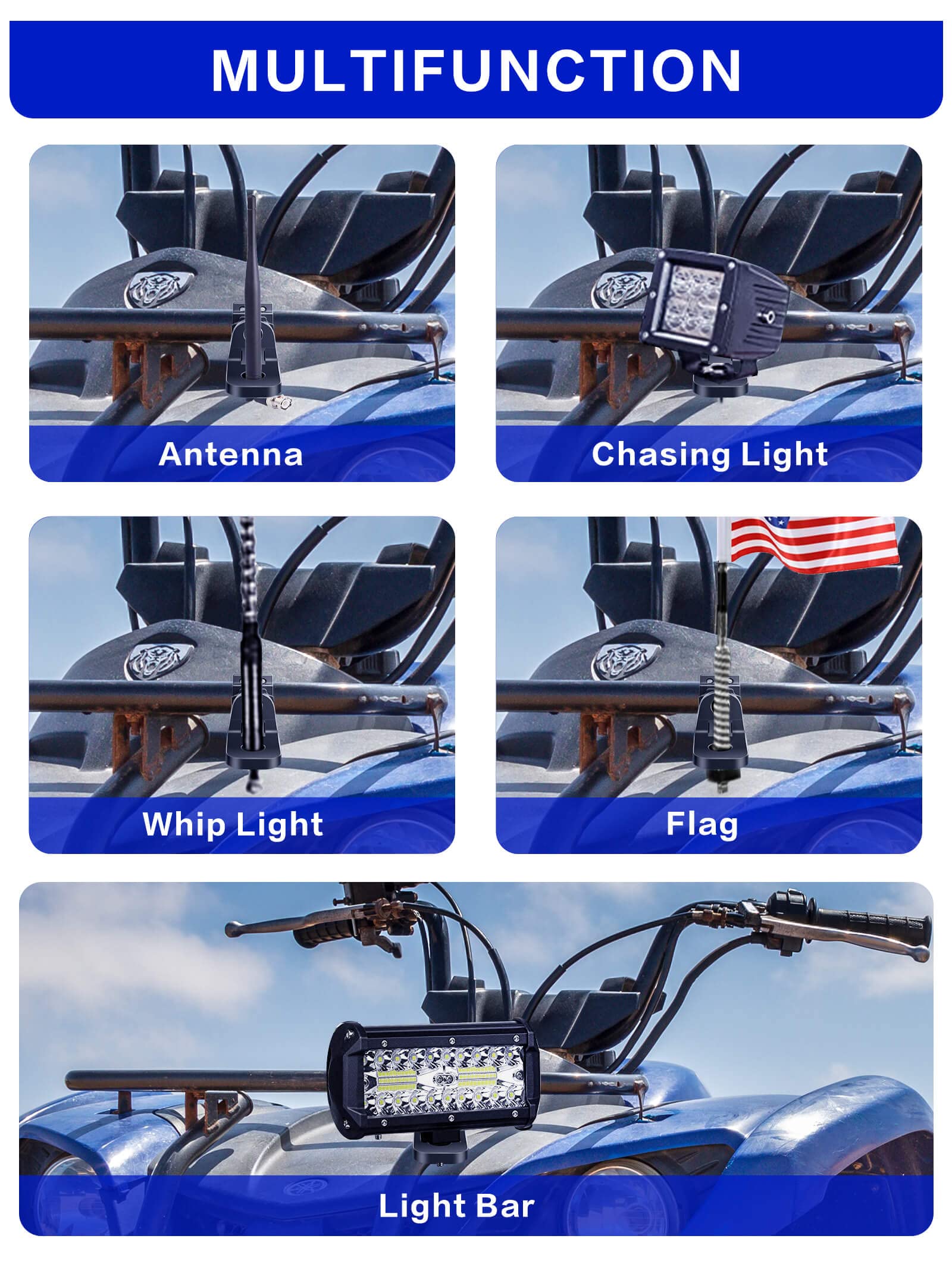 Zidiyoruo Whip Light Mounts For Atv, Quad Atv Light Mounts Fit 0.875'', 1'', 1.125'' Rack Bars And Bandlebars, Adjustable Atv Mo